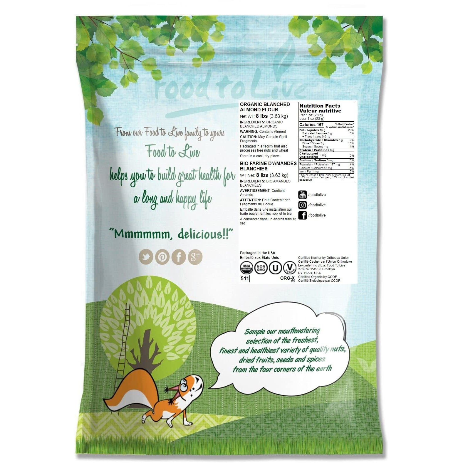 Food To Live Organic Almond Flour, 8 Pounds - Extra Fine Blanched Prime Meal, Non-Gmo, Low Carb, Culinary Grade, Kosher, Keto, Paleo And Vegan Super Powder, Bulk