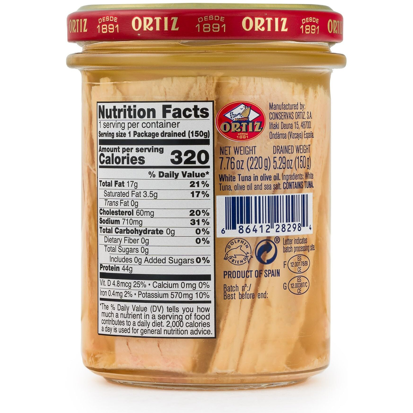 Ortiz Tuna In Olive Oil, 7.76Oz Glass Jar | Superior Tuna In Olive Oil | Ortiz White Tuna In Olive Oil [7.76Oz/220Gr Net Wt.]