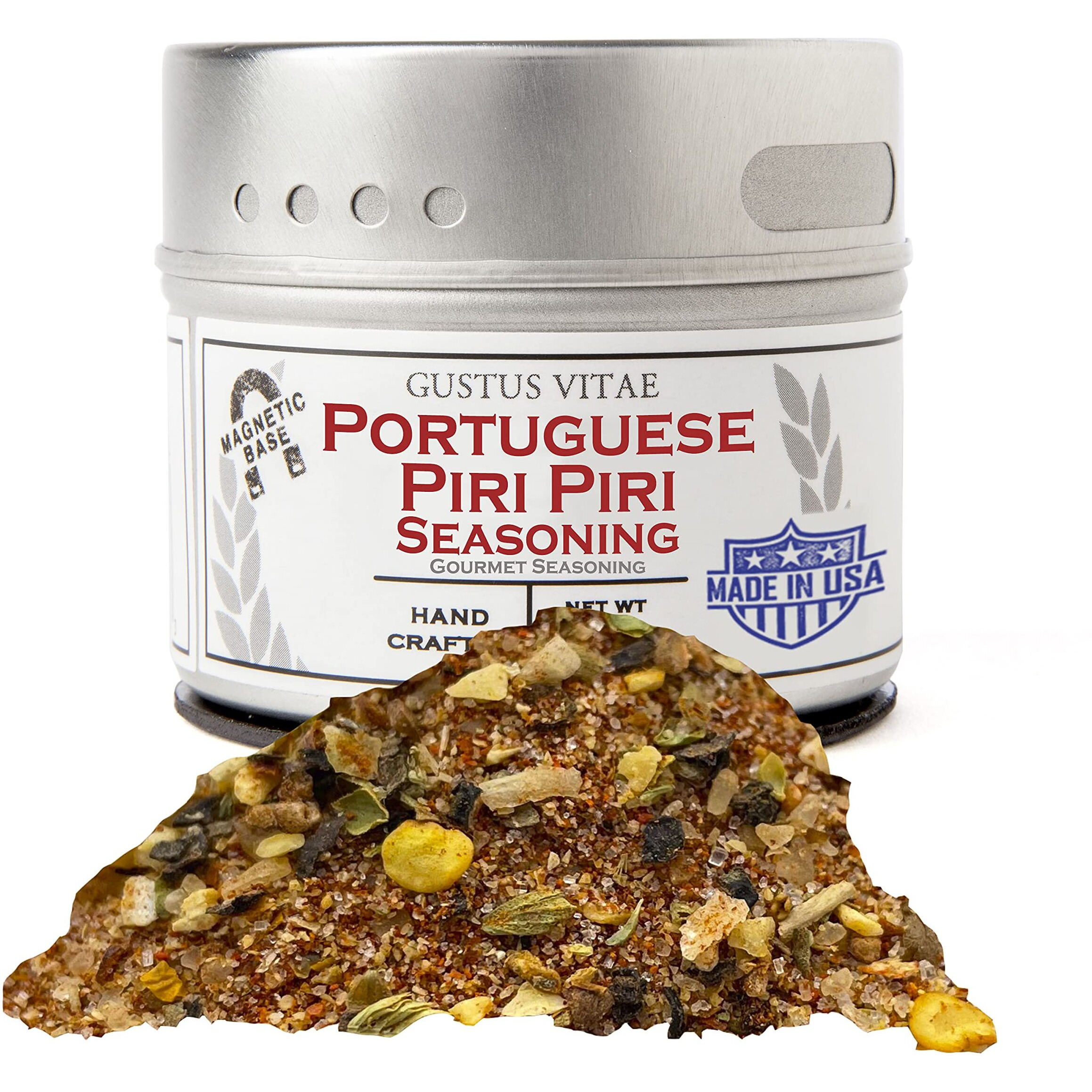 Portuguese Piri Piri Fire Seasoning | All Natural | Non Gmo | 1.8 Oz (51 G) | Gourmet Spice Mix | Small Batch | Artisanal Rub | Seasoning Pack | Magnetic Tin | Gustus Vitae | 790