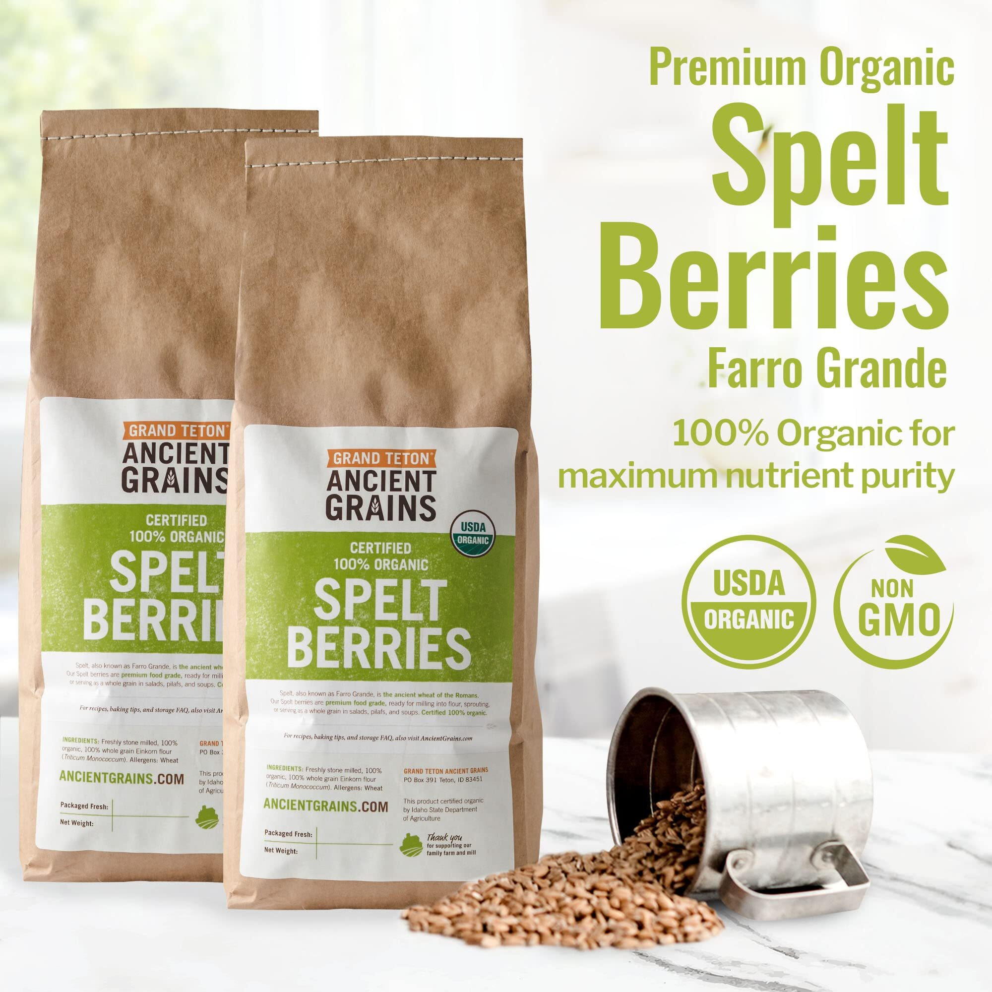 Grand Teton Ancient Grains - 100% Organic Spelt Berries, Whole Unmilled Spelt Berries, Us-Grown Farro Organic Grain, Nutritious Baking Staple, Whole Grain Spelt In Brown Paper Bag, 15 Lbs
