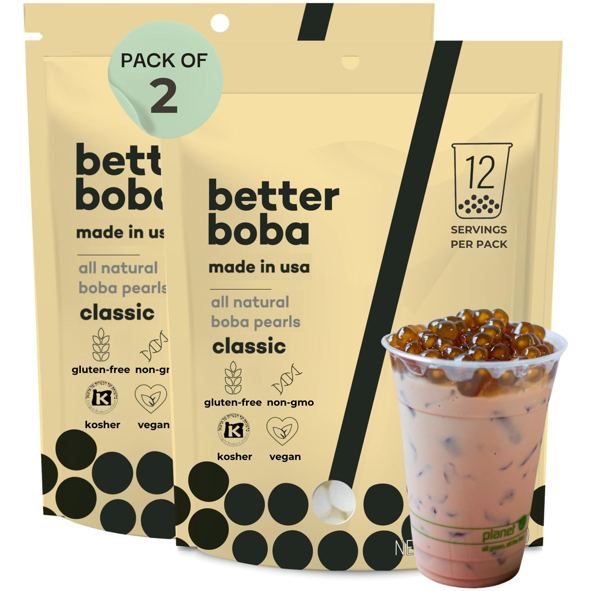 Better Boba All-Natural Classic Kosher Boba Pearls | Non-Gmo, Vegan Gluten-Free Tapioca Pearls For Bubble Tea | No Preservatives Brown Sugar Boba | 16 Oz (2 X 8 Oz) 24 Serving Value Pack | Made In Usa