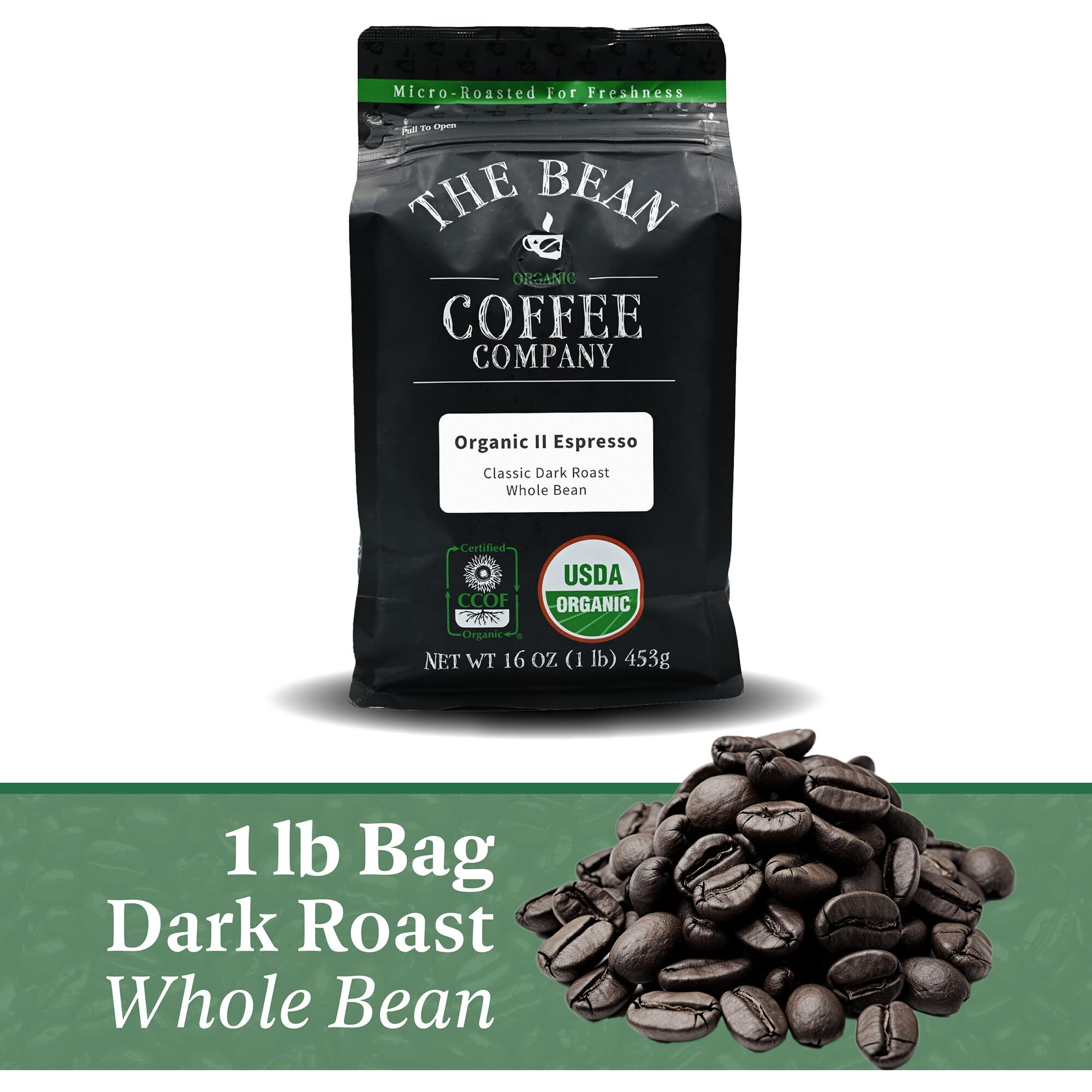 The Bean Organic Coffee Company Il Espresso, Dark Roast, Whole Bean Coffee, 16-Ounce Bag