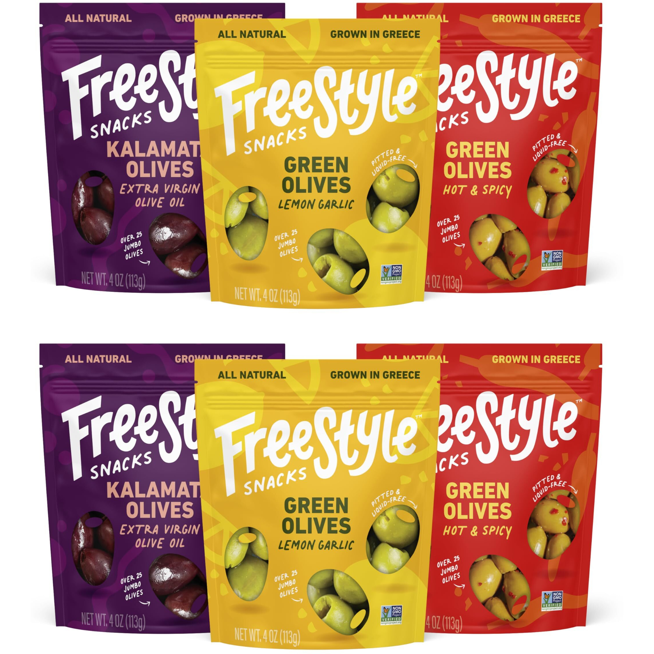 Freestyle Snacks Olive Snack Packs - Fresh Pitted Kalamata & Green Olives, Jumbo-Sized, Grown In Greece, Salty Snack, All Natural, Non-Gmo, Paleo, Sugar-Free, Keto Snacks - Variety Pack, 4Oz (6 Pack)