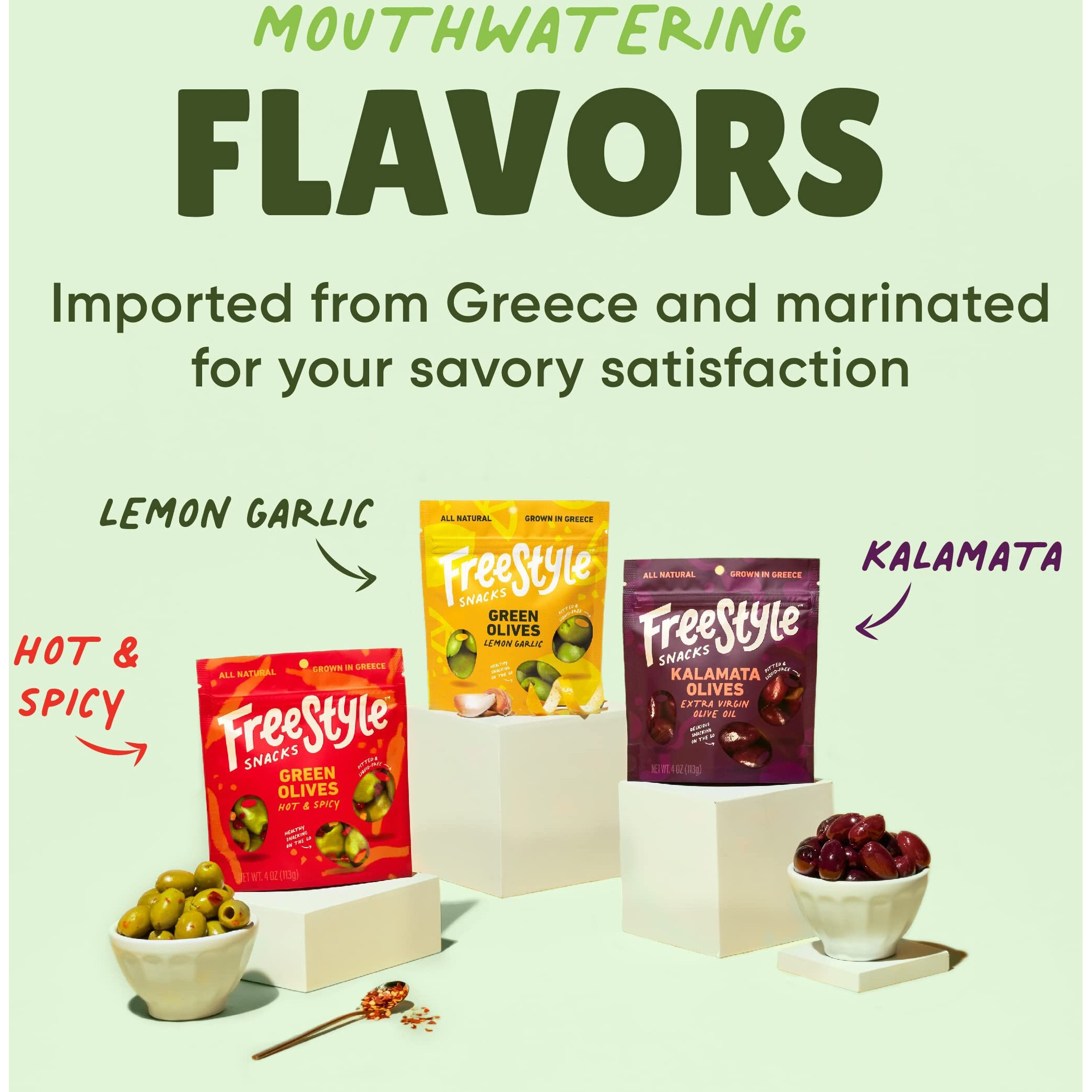 Freestyle Snacks Olive Snack Packs - Fresh Pitted Kalamata & Green Olives, Jumbo-Sized, Grown In Greece, Salty Snack, All Natural, Non-Gmo, Paleo, Sugar-Free, Keto Snacks - Variety Pack, 4Oz (6 Pack)