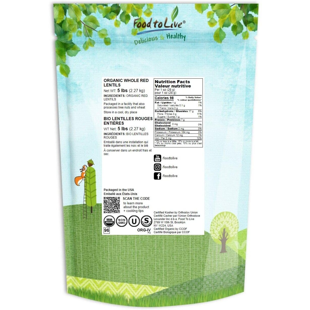 Food To Live Organic Whole Red Lentils, 5 Pounds Non-Gmo, Dry Raw Lentils, Sproutable, Vegan, Kosher, Bulk. Easy To Cook. Good Source Of Folate, Fiber, And Protein. For Lentil Soup, Stews, And Curry