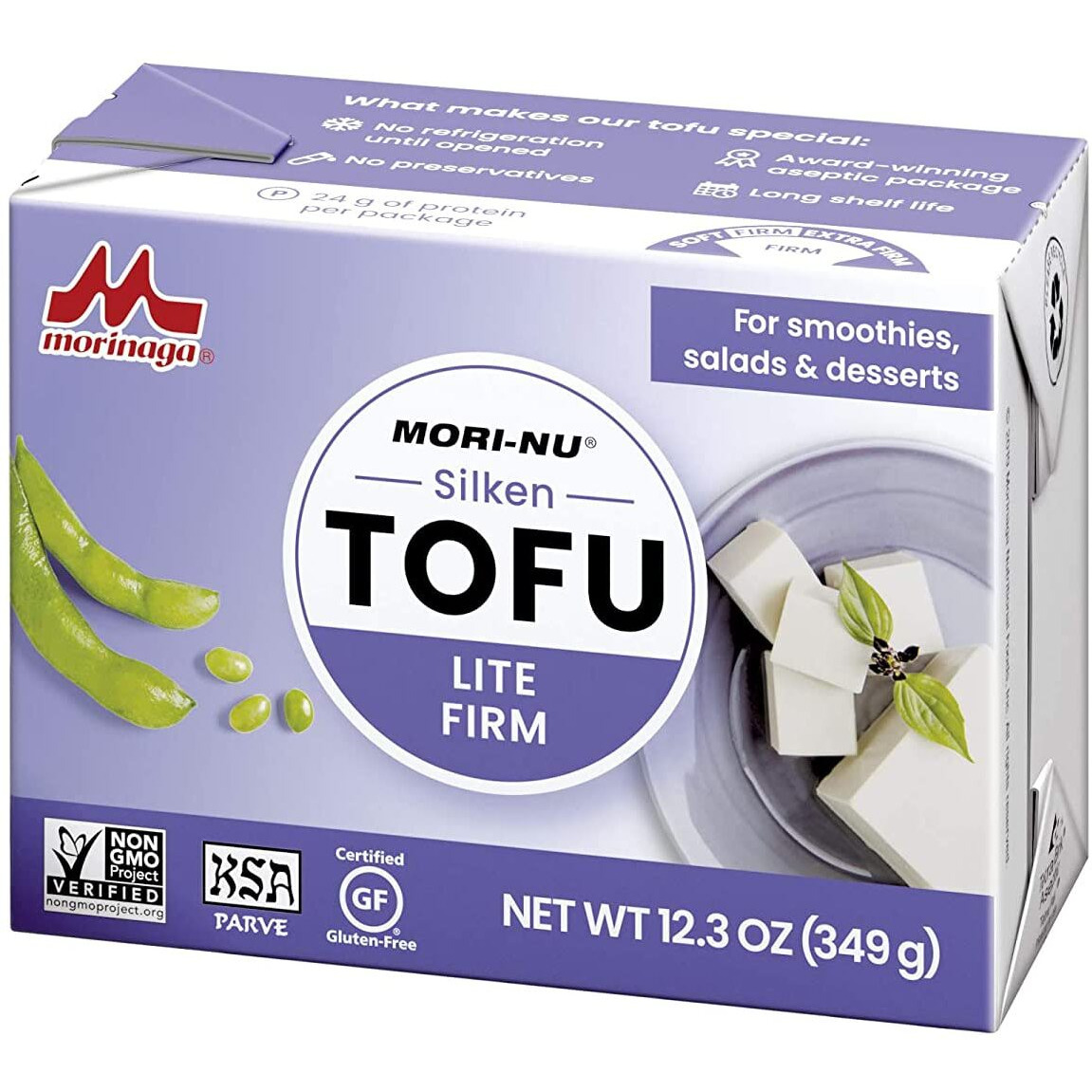 Mori-Nu Silken Tofu Lite Firm | Velvety Smooth And Creamy | Low Fat, Gluten-Free, Dairy-Free, Vegan, Made With Non-Gmo Soybeans, Ksa Kosher Parve | Shelf-Stable | Provides Protein | 12.3 Oz X 6 Packs