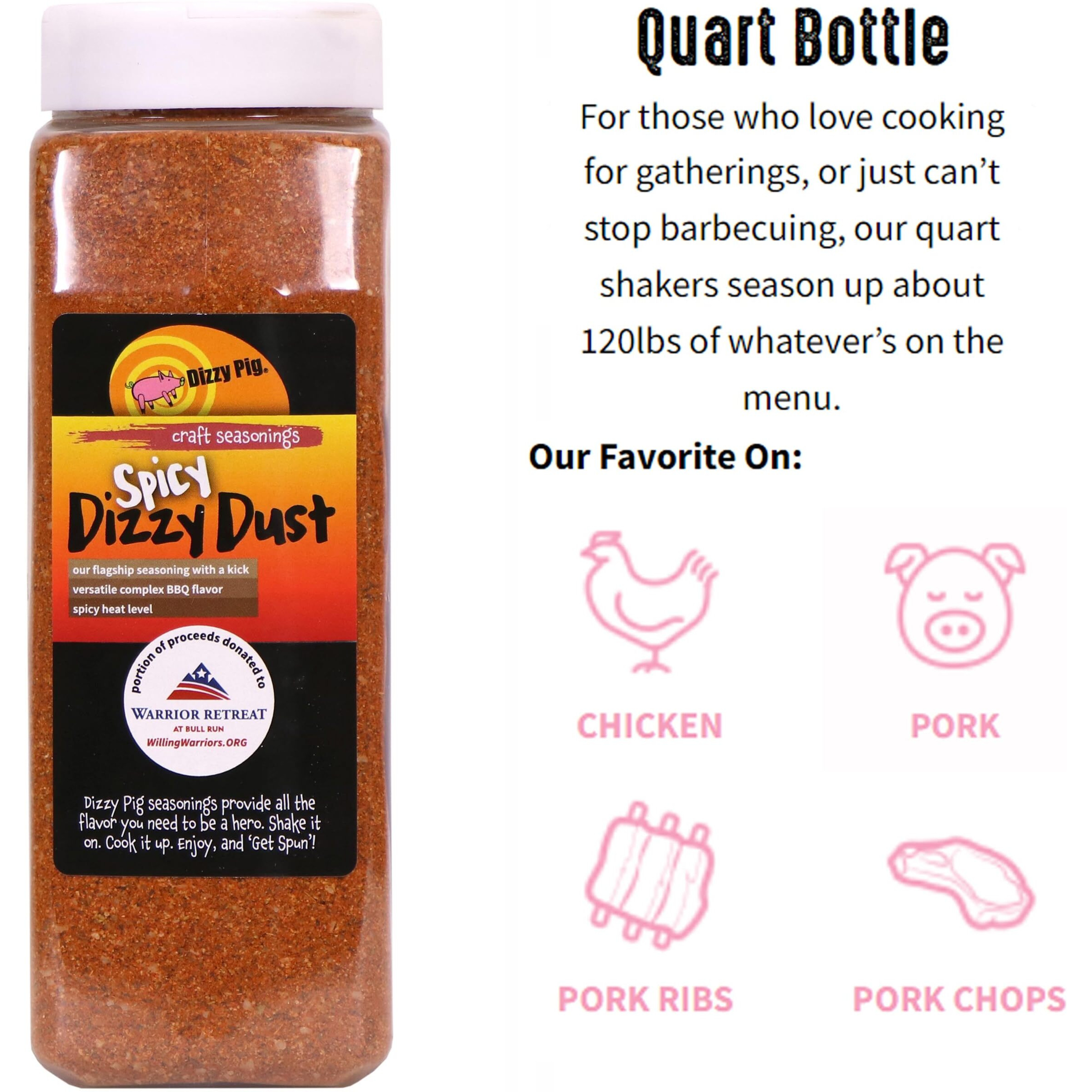 Dizzy Pig Spicy Dizzy Dust All-Purpose Barbecue Seasoning Rub (Quart Shaker) - Hand Made In The Usa - Seasons Around 120Lbs Of Food - Msg Free, Gluten Free