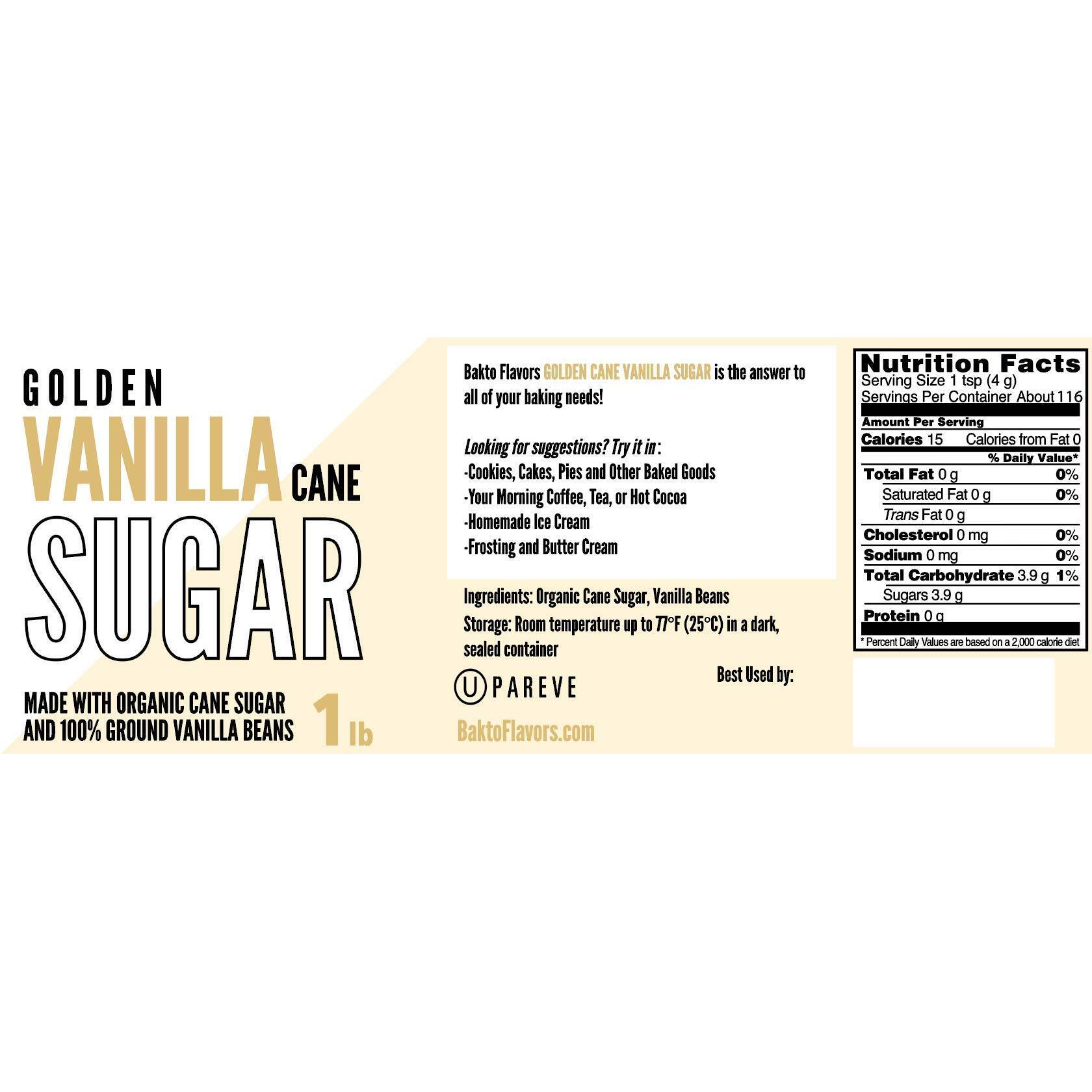 Bakto Flavors Golden Vanilla Cane Sugar, 1-Pound Jar
