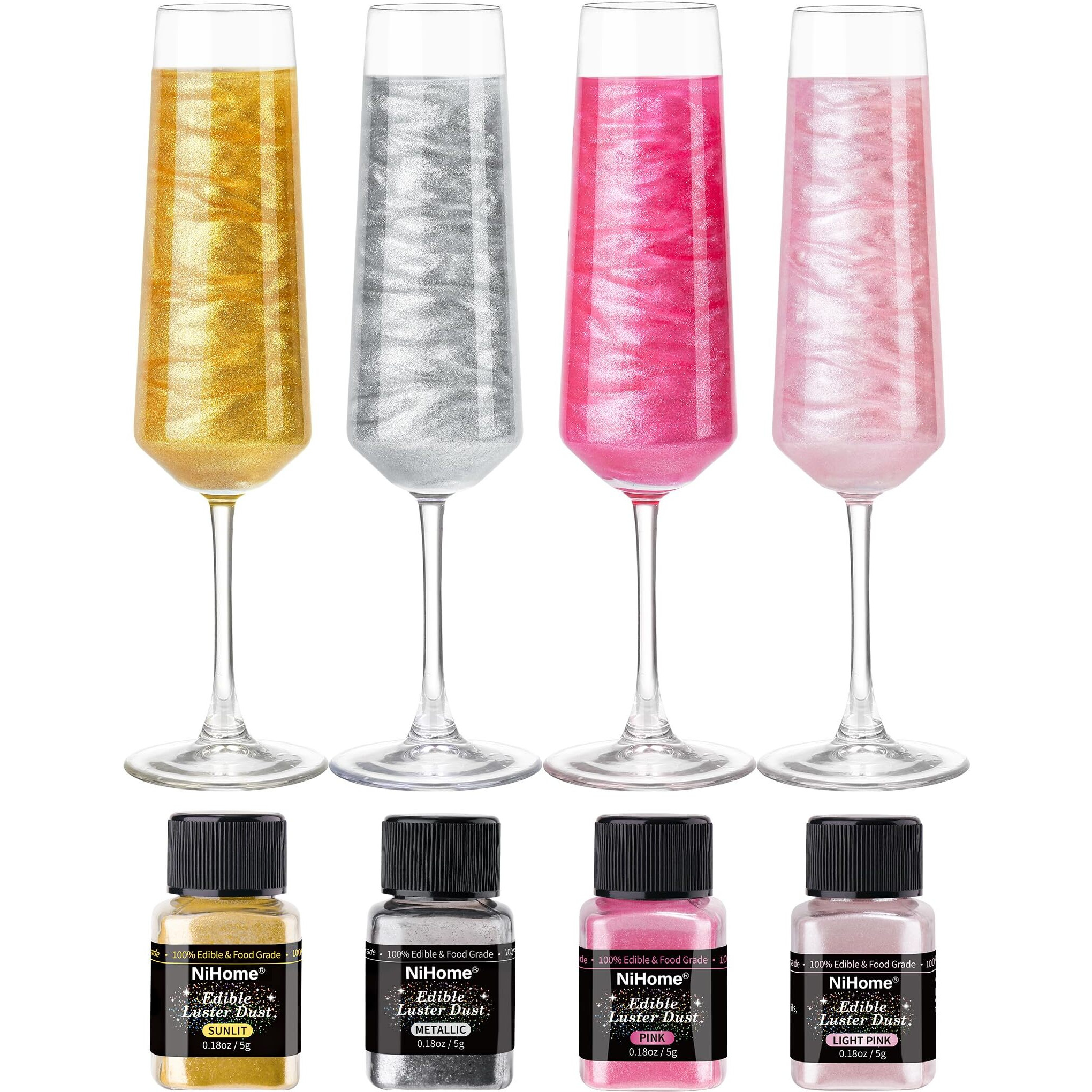 Nihome Edible Luster Dust Glitter Powder Fancy Metallic Sprinkles, Glimmer Luster Dust 4 Bottles Of 0.18Oz/5G For Decorating Drinks Cakes In Bakeries, Allergen-Free Food Coloring (4 Colors 20G)