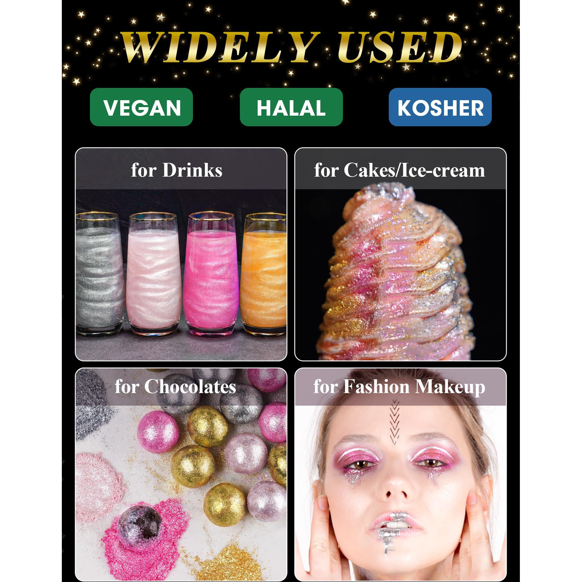 Nihome Edible Luster Dust Glitter Powder Fancy Metallic Sprinkles, Glimmer Luster Dust 4 Bottles Of 0.18Oz/5G For Decorating Drinks Cakes In Bakeries, Allergen-Free Food Coloring (4 Colors 20G)