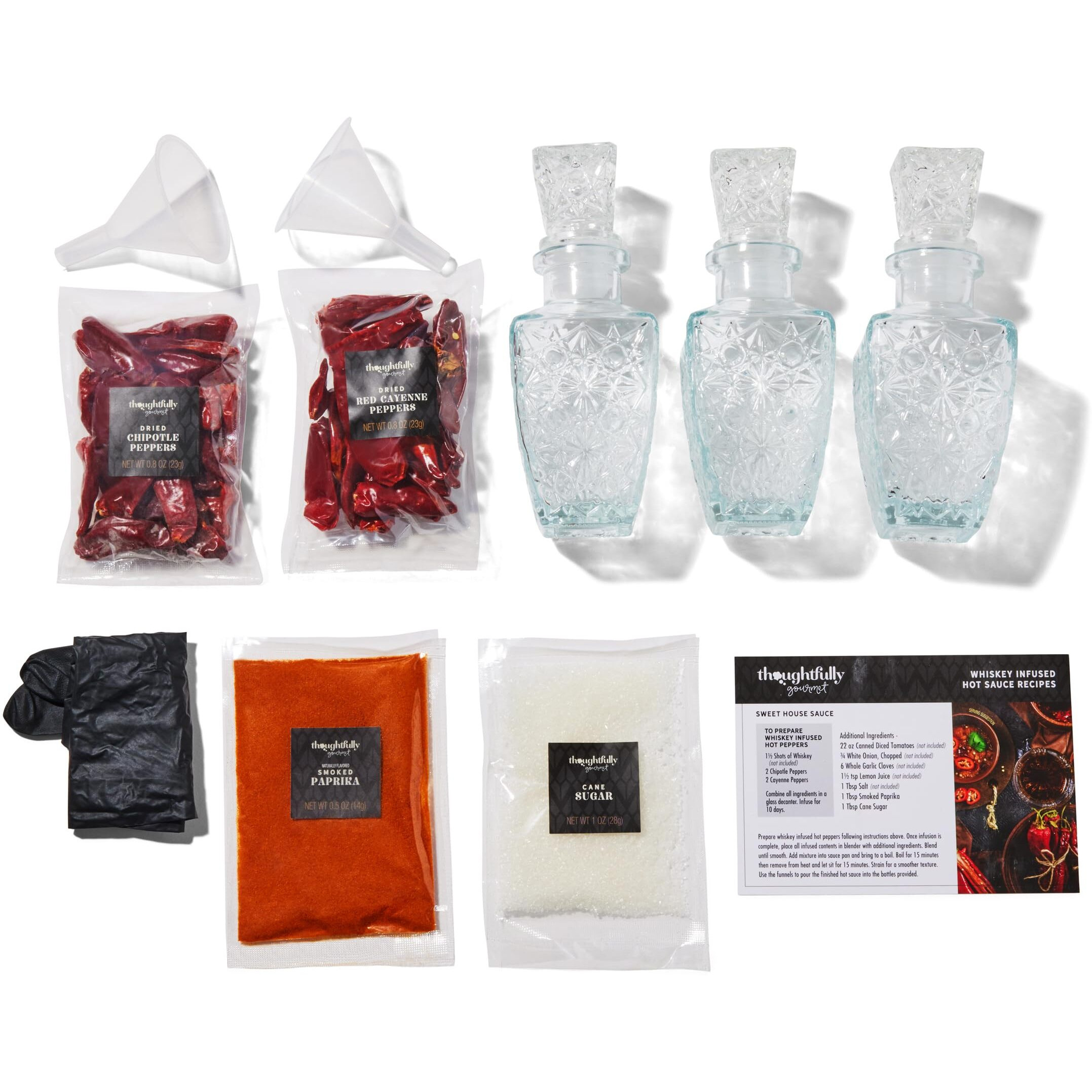 Thoughtfully Gourmet, Make Your Own Whiskey Infused Hot Sauce Diy Gift Set, Includes 2 Glass Decanters, Recipe Book, Gloves, 2 Funnels, Peppers, Spices And Seasonings (Contains No Alcohol)