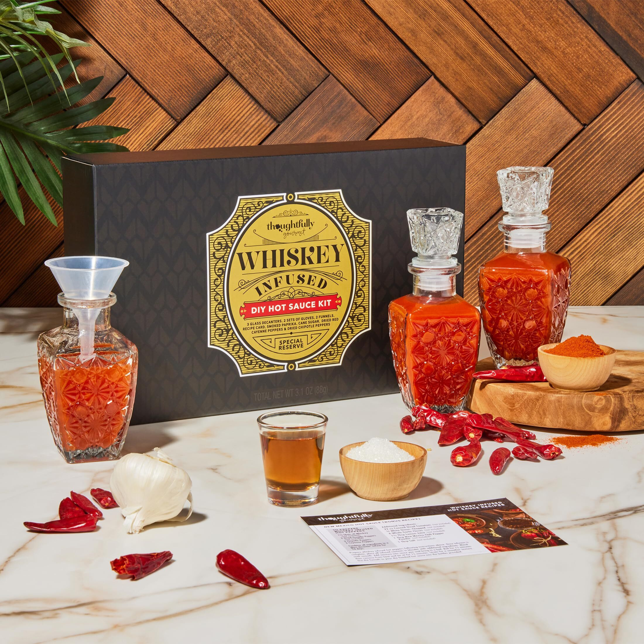 Thoughtfully Gourmet, Make Your Own Whiskey Infused Hot Sauce Diy Gift Set, Includes 2 Glass Decanters, Recipe Book, Gloves, 2 Funnels, Peppers, Spices And Seasonings (Contains No Alcohol)