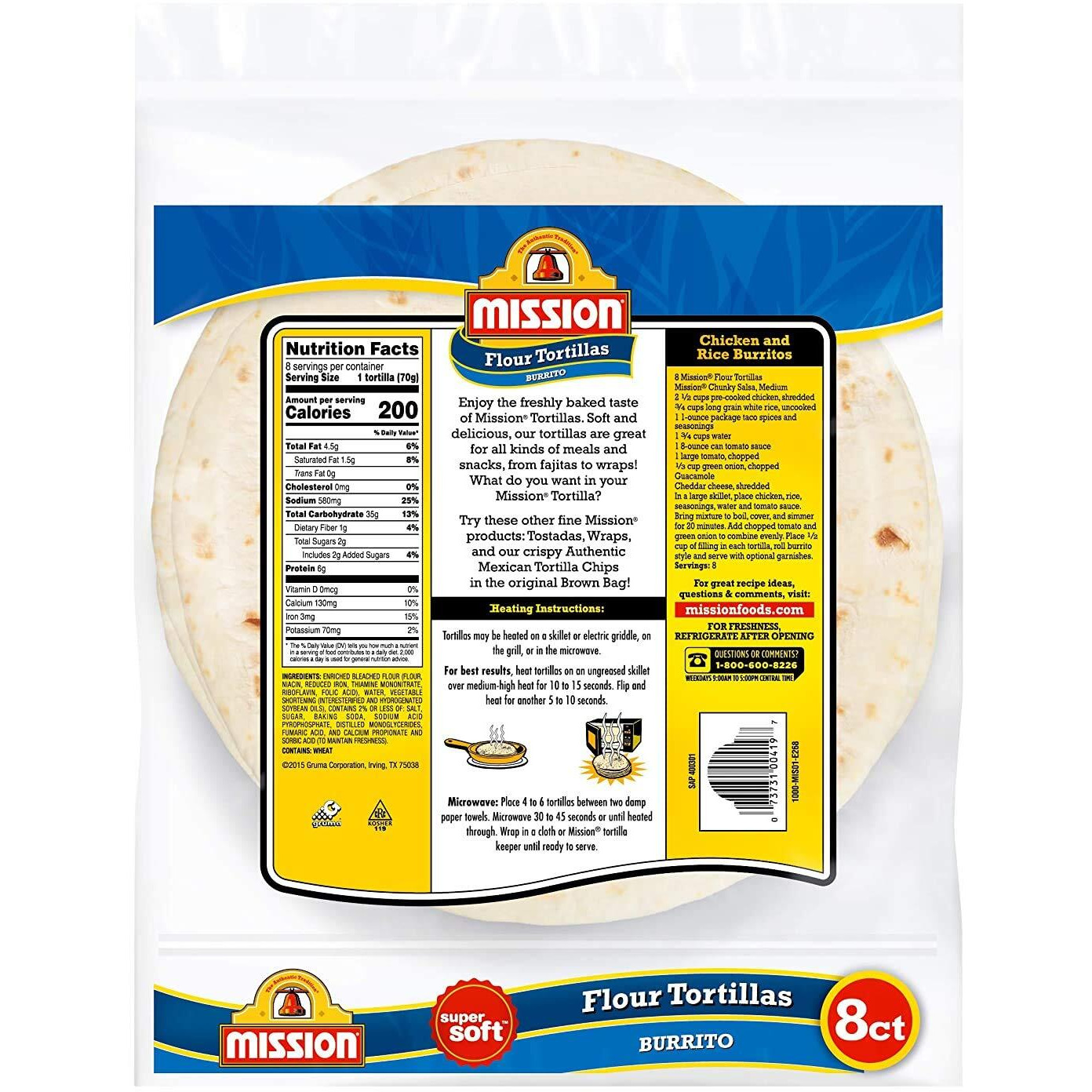 Mission Burrito Flour Tortillas, Trans Fat Free, Authentic, Large Size, 8 Count - 2 Packs