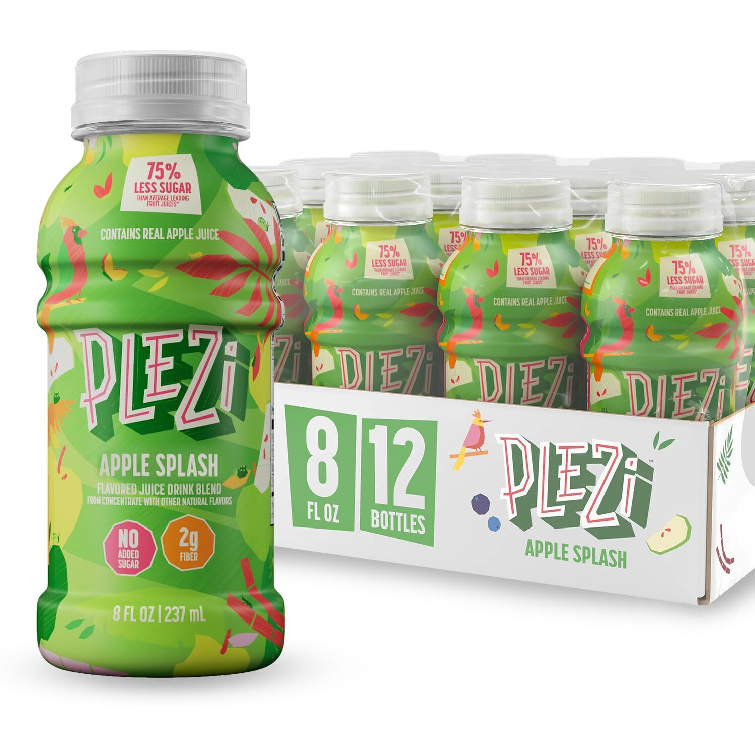Plezi Flavored Kids Juice Drink - Apple Splash Fruit Juice Drink Blend - No Added Sugar, 2G Fiber - Tasty Refreshing Juices For Kids - 8 Fl Oz (Pack Of 12)