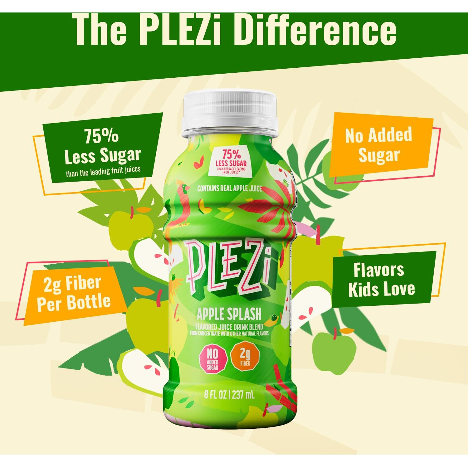 Plezi Flavored Kids Juice Drink - Apple Splash Fruit Juice Drink Blend - No Added Sugar, 2G Fiber - Tasty Refreshing Juices For Kids - 8 Fl Oz (Pack Of 12)