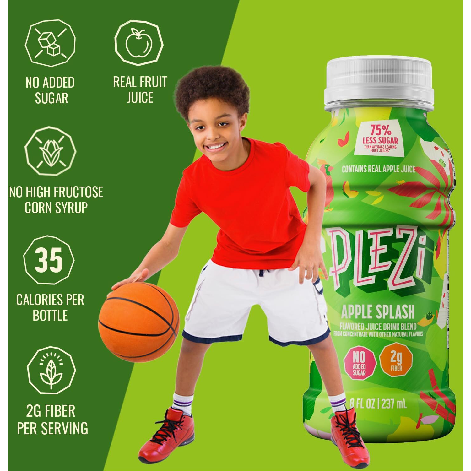 Plezi Flavored Kids Juice Drink - Apple Splash Fruit Juice Drink Blend - No Added Sugar, 2G Fiber - Tasty Refreshing Juices For Kids - 8 Fl Oz (Pack Of 12)