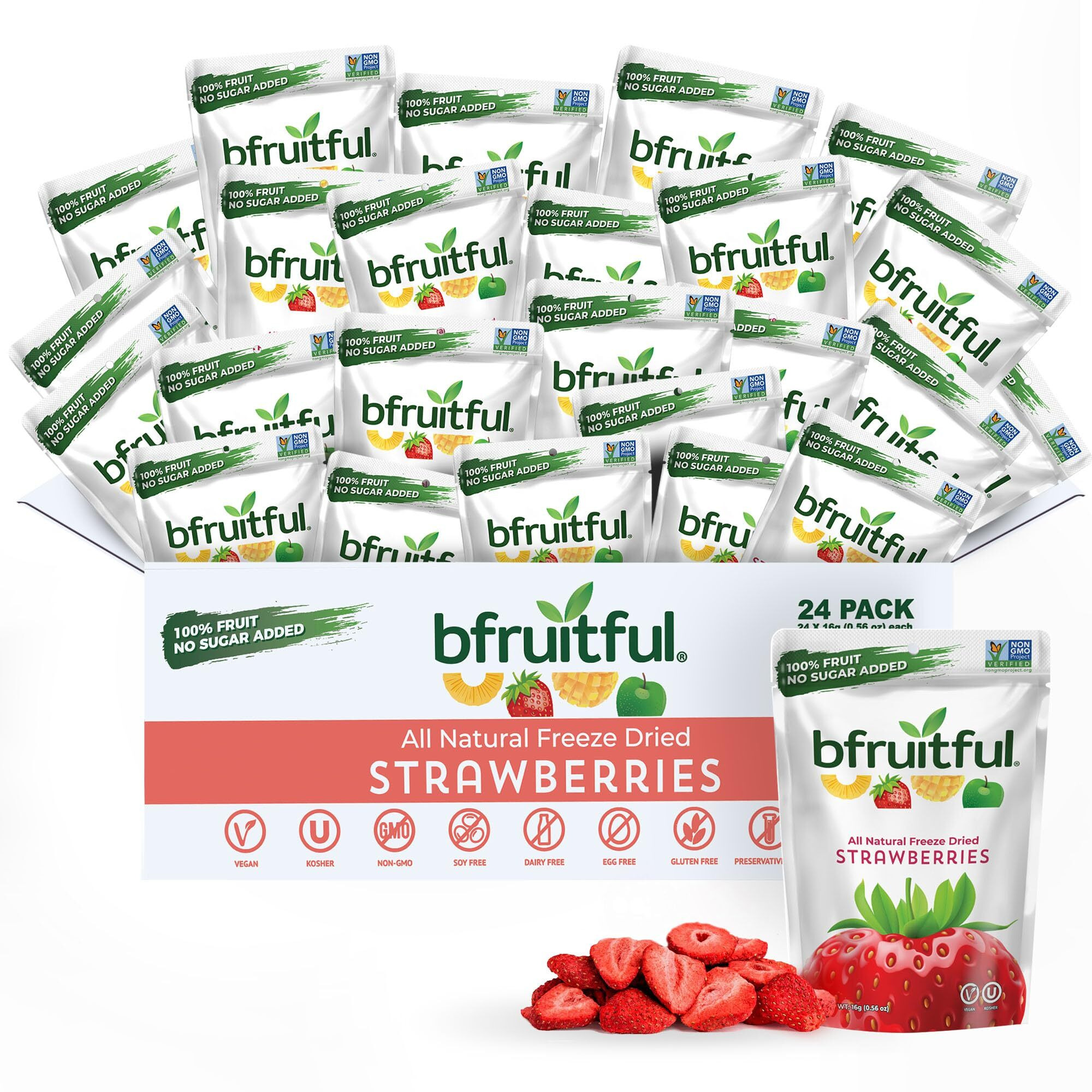 Bfruitful Freeze-Dried Strawberries, Freeze Dried Fresh Fruit Bites, Gluten Free, Vegan, Dairy Free, Kosher, No Sugar Added, Non Gmo, Healthy Snacks For Kids Or Adults, Single Snack Packs, 24 Pack