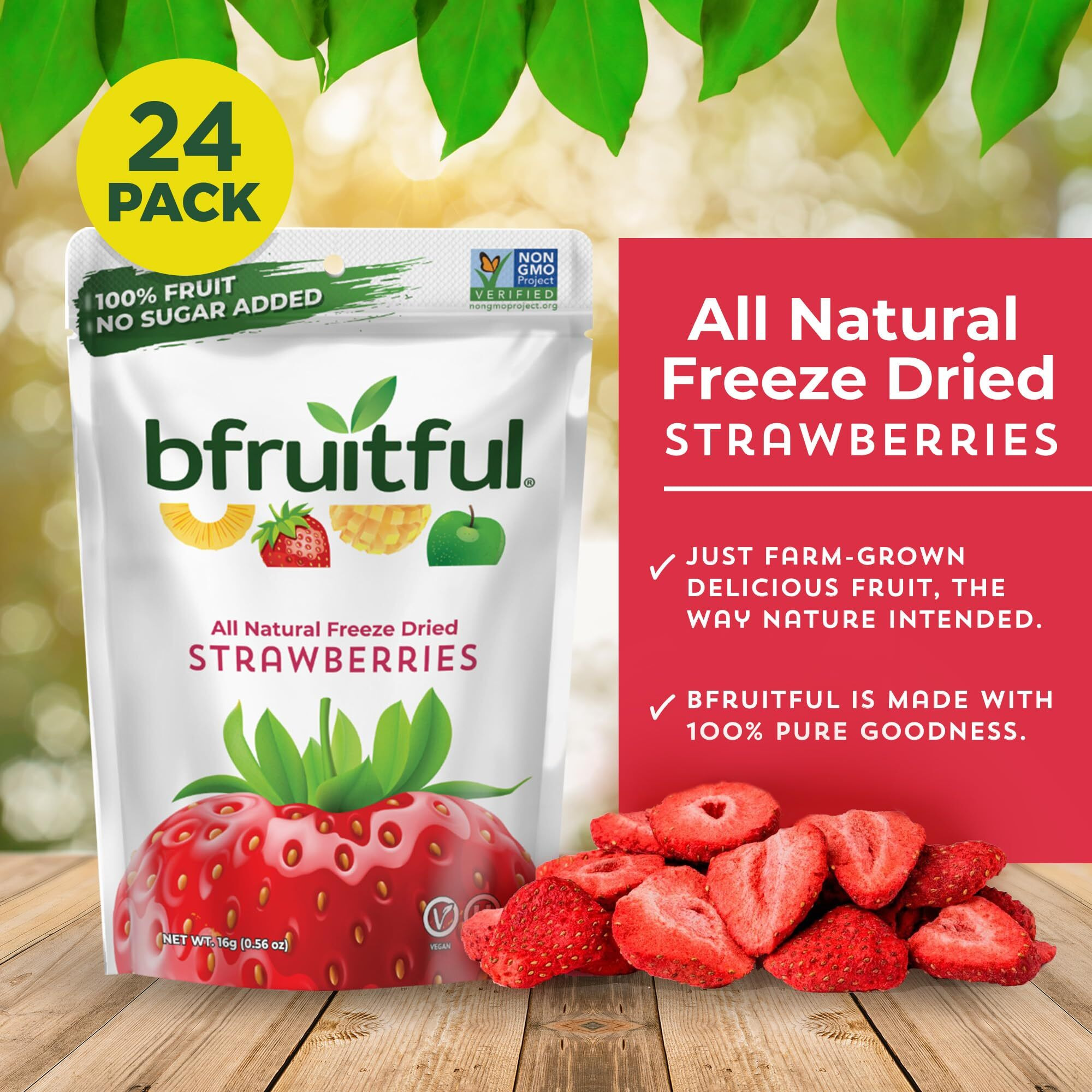 Bfruitful Freeze-Dried Strawberries, Freeze Dried Fresh Fruit Bites, Gluten Free, Vegan, Dairy Free, Kosher, No Sugar Added, Non Gmo, Healthy Snacks For Kids Or Adults, Single Snack Packs, 24 Pack