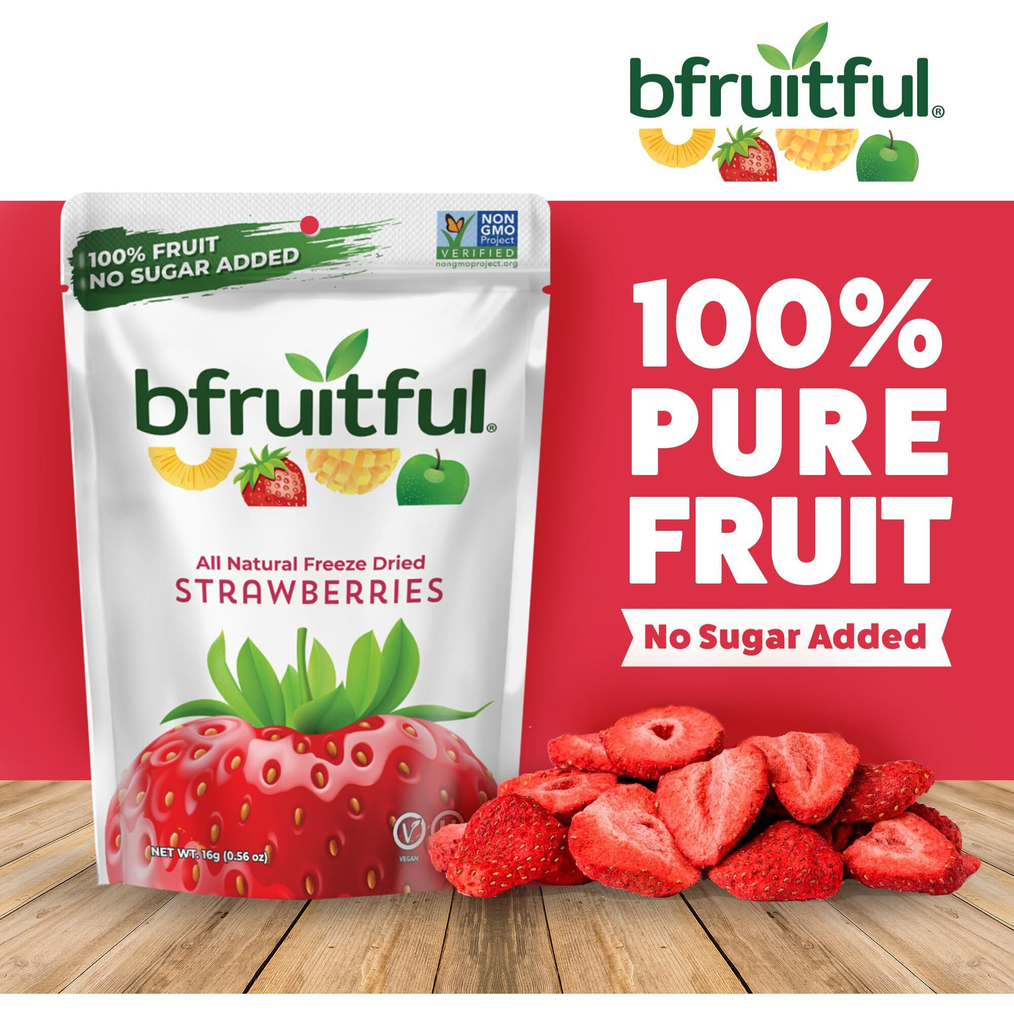 Bfruitful Freeze-Dried Strawberries, Freeze Dried Fresh Fruit Bites, Gluten Free, Vegan, Dairy Free, Kosher, No Sugar Added, Non Gmo, Healthy Snacks For Kids Or Adults, Single Snack Packs, 24 Pack