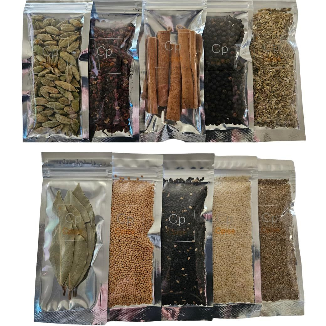 Organic Whole Spice Starter Gift Set Kit | Bay Leaves | Black Peppercorn | Green Cardamom | Celery Seeds | Vietnamese Cinnamon Sticks | Fennel Seeds | Sichuan Peppercorn | Black Sesame Seeds, Black | White Sesame Seeds | Yellow Mustard Seeds