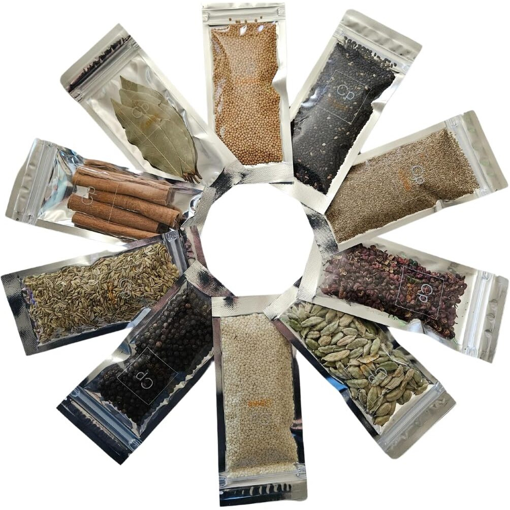 Organic Whole Spice Starter Gift Set Kit | Bay Leaves | Black Peppercorn | Green Cardamom | Celery Seeds | Vietnamese Cinnamon Sticks | Fennel Seeds | Sichuan Peppercorn | Black Sesame Seeds, Black | White Sesame Seeds | Yellow Mustard Seeds