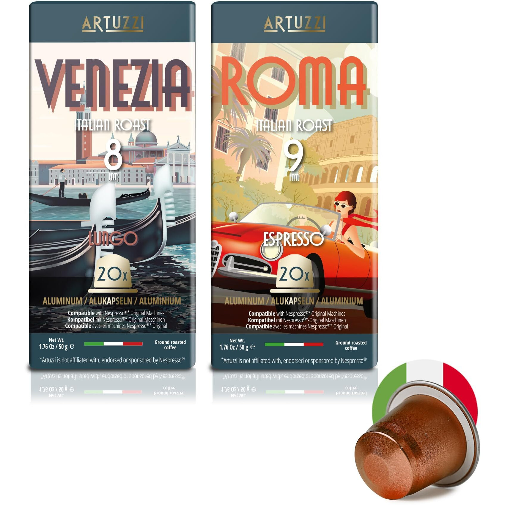 Artuzzi 40Ct Coffee Pods Compatible With Nespresso Original Machines | Espresso & Lungo Coffee Capsules | Espresso Variety Pack I Italian Roast I Aluminum & Recyclable