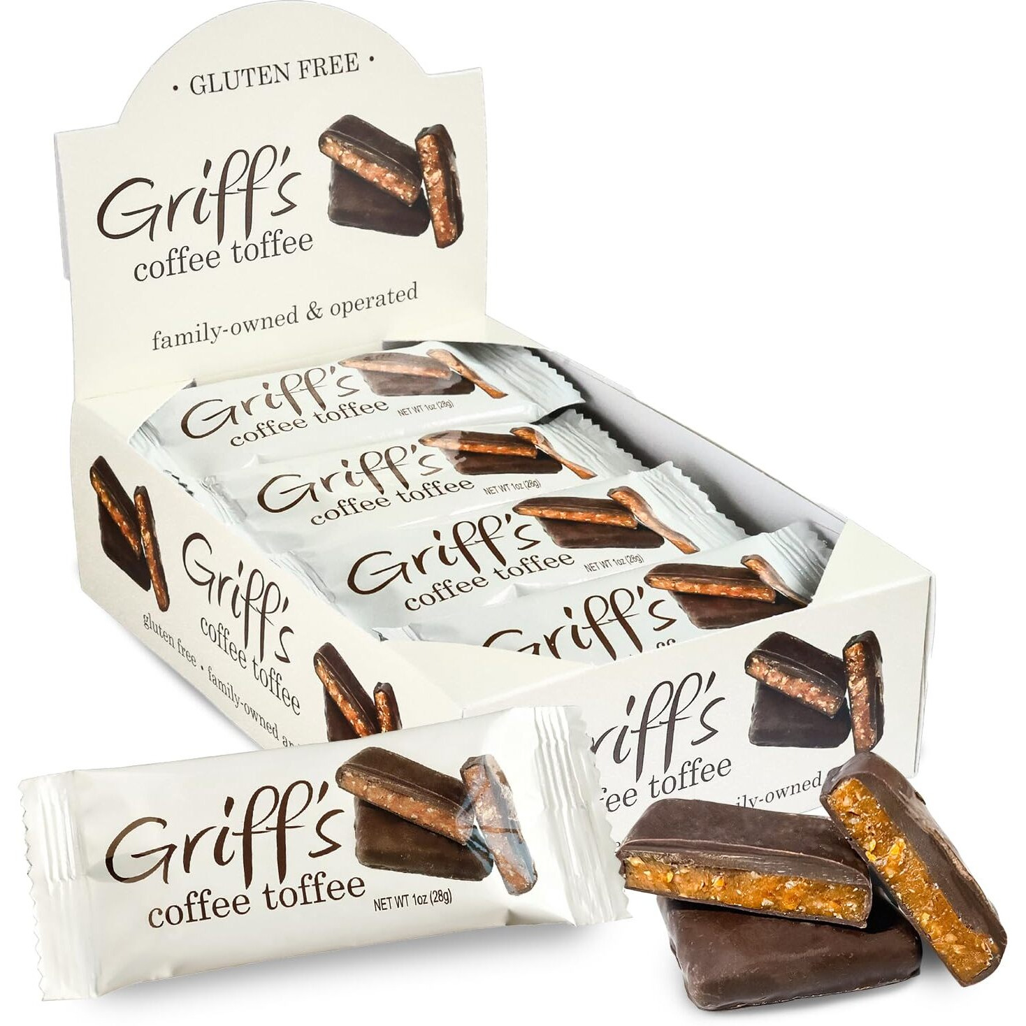 Griff's Coffee Toffee, Dark Chocolate Covered Coffee Toffee Squares, Traditional English Toffee, Gluten Free, Family Owned (16 Count, Coffee Toffee)