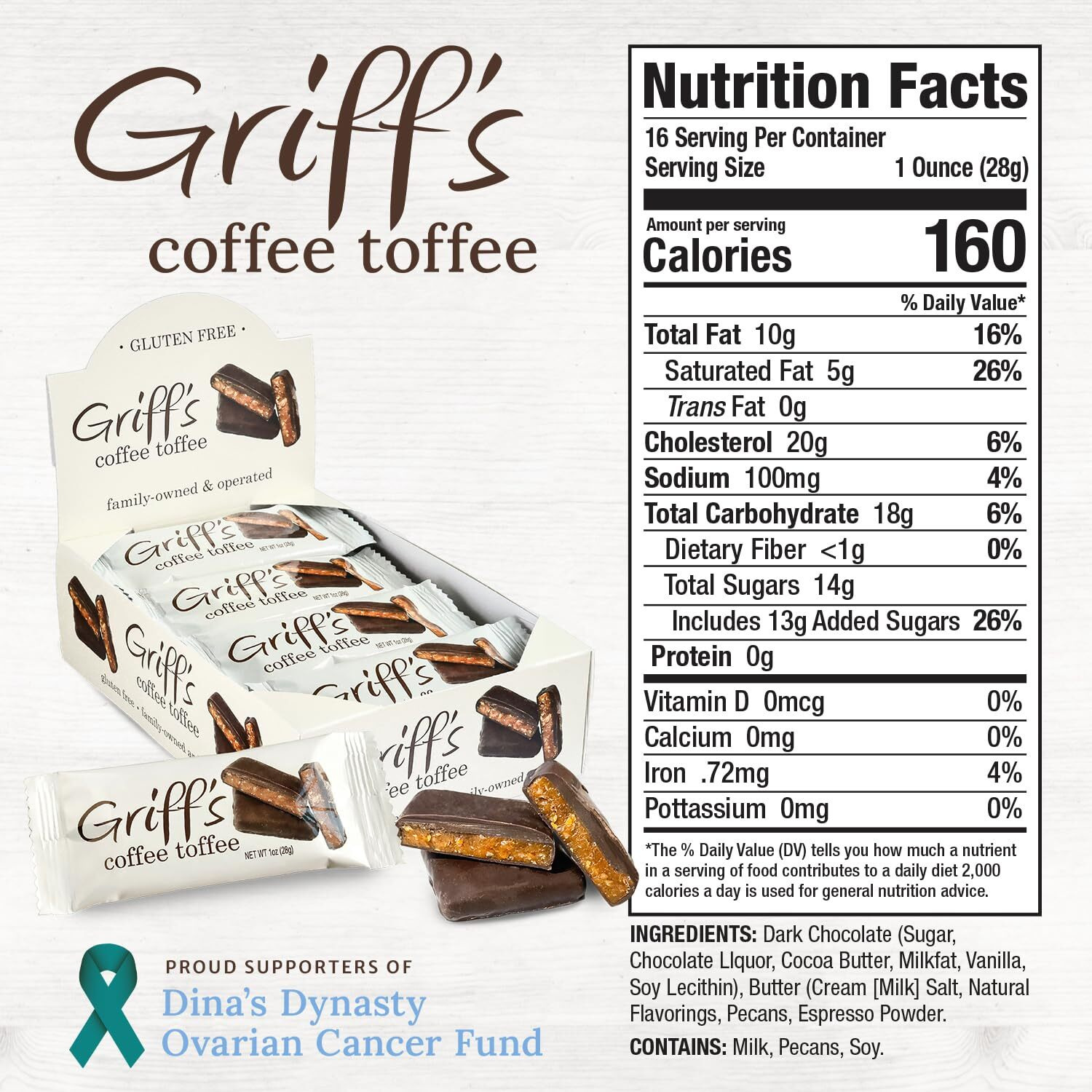 Griff's Coffee Toffee, Dark Chocolate Covered Coffee Toffee Squares, Traditional English Toffee, Gluten Free, Family Owned (16 Count, Coffee Toffee)