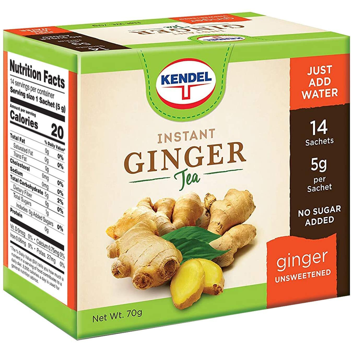Kendel Instant Ginger Herbal Tea, Made From Real Ginger Crushed Into Powder, May Aid Digestion, Add Hot Or Cold Water To Drink, Caffeine Free, Ginger Powder Drink (Unsweetened, 14 Packets)