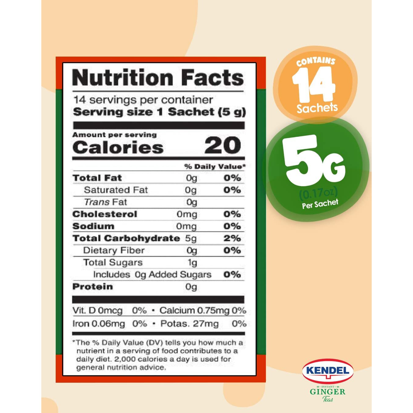 Kendel Instant Ginger Herbal Tea, Made From Real Ginger Crushed Into Powder, May Aid Digestion, Add Hot Or Cold Water To Drink, Caffeine Free, Ginger Powder Drink (Unsweetened, 14 Packets)