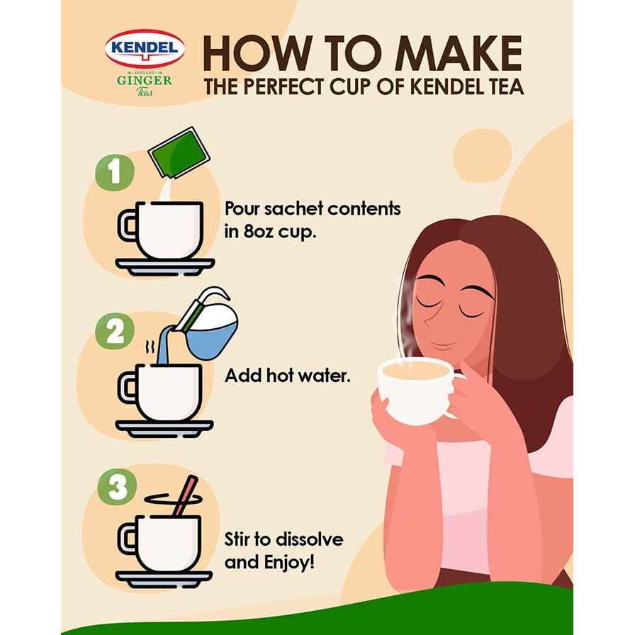 Kendel Instant Ginger Herbal Tea, Made From Real Ginger Crushed Into Powder, May Aid Digestion, Add Hot Or Cold Water To Drink, Caffeine Free, Ginger Powder Drink (Unsweetened, 14 Packets)