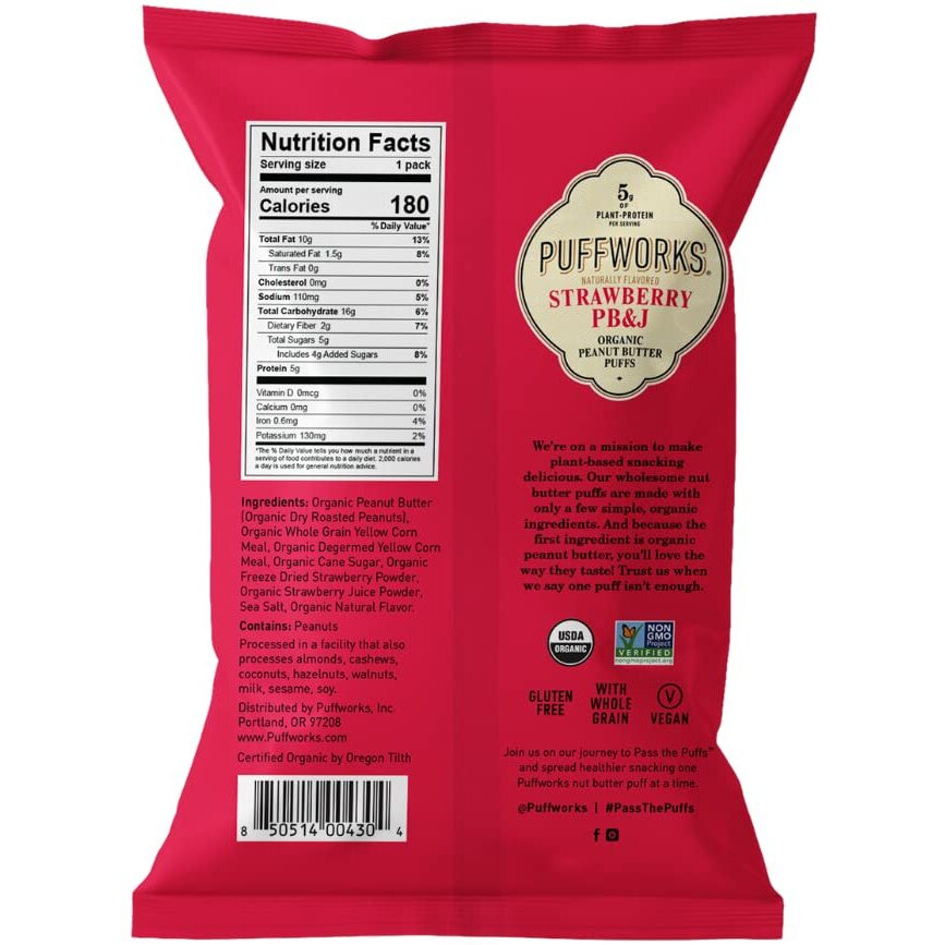 Puffworks Strawberry Pb&J Flavored Peanut Butter Puffs, Gluten Free, 1.2 Ounces (Pack Of 6)