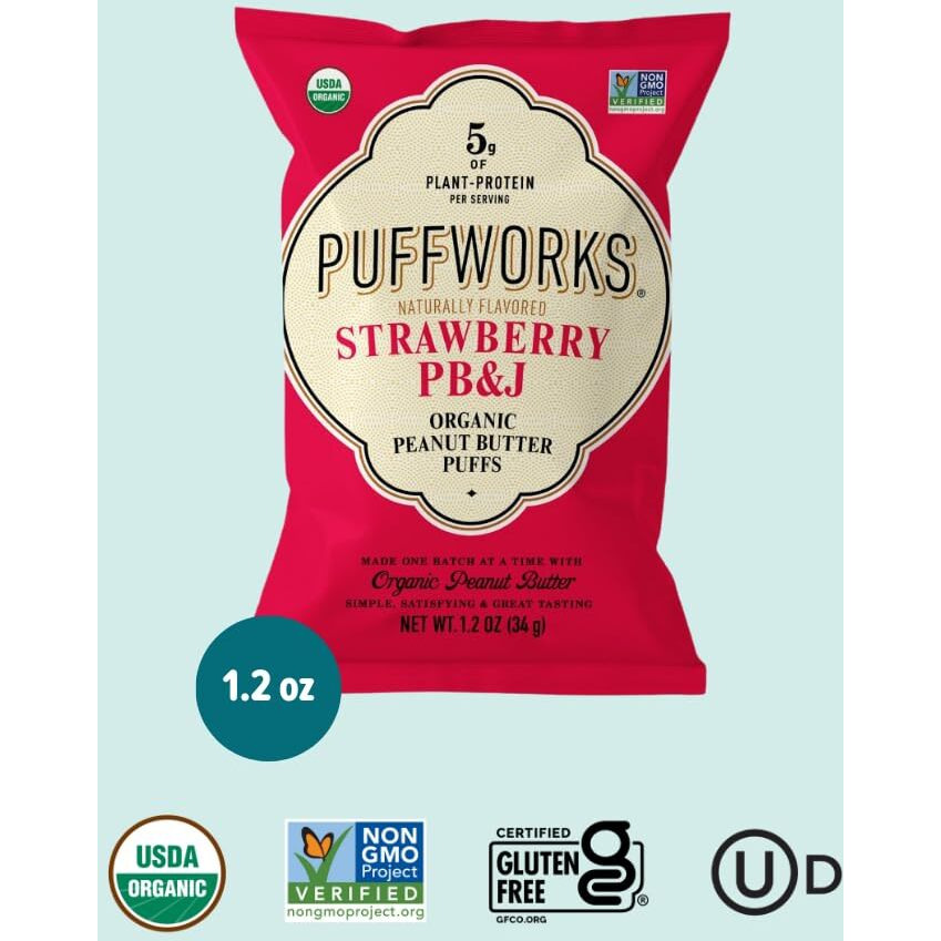 Puffworks Strawberry Pb&J Flavored Peanut Butter Puffs, Gluten Free, 1.2 Ounces (Pack Of 6)