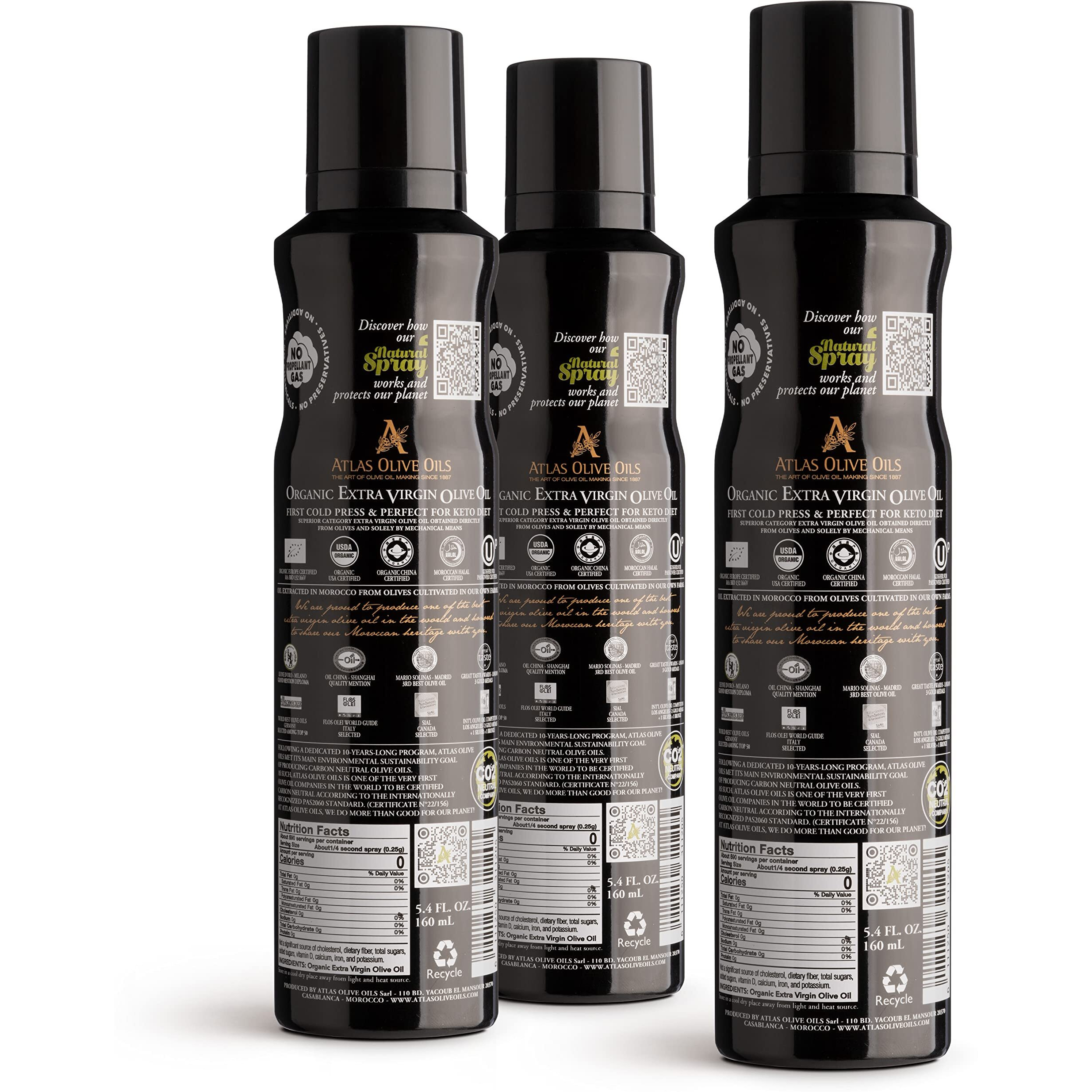 Organic Extra Virgin Olive Oil Spray, Polyphenol Rich Moroccan Oil, Cooking Spray Non Stick, Cold Pressed Evoo Oil, Hydroxytyrosol Keto Olive Oil, 5.4 Fl Oz. Bottle, Pack Of 3