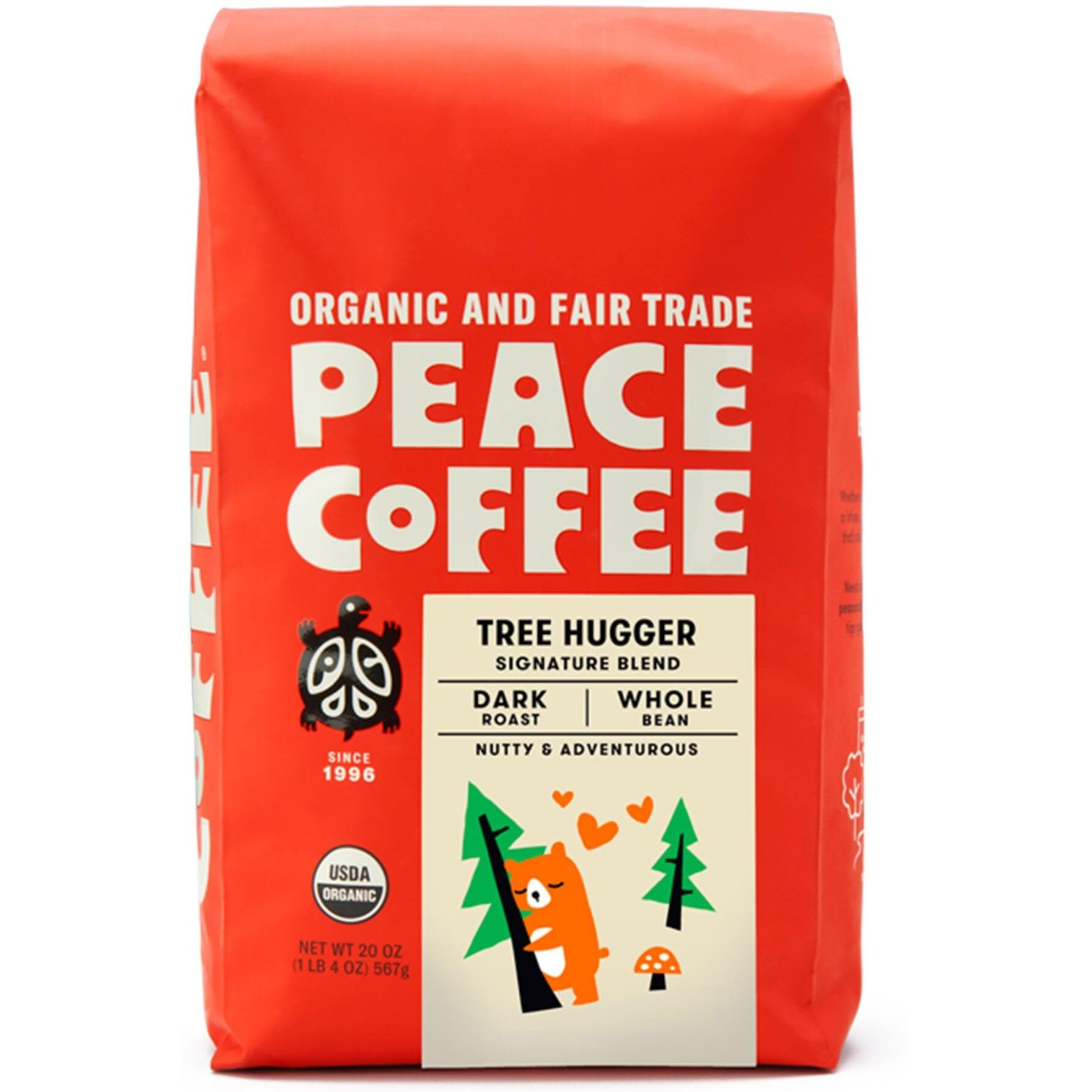 Peace Coffee Tree Hugger Signature Blend | 20 Oz Whole Bean Dark Roast | Organic Fair Trade | Soft, Smooth Flavor | Shade Grown, Fresh Roasted