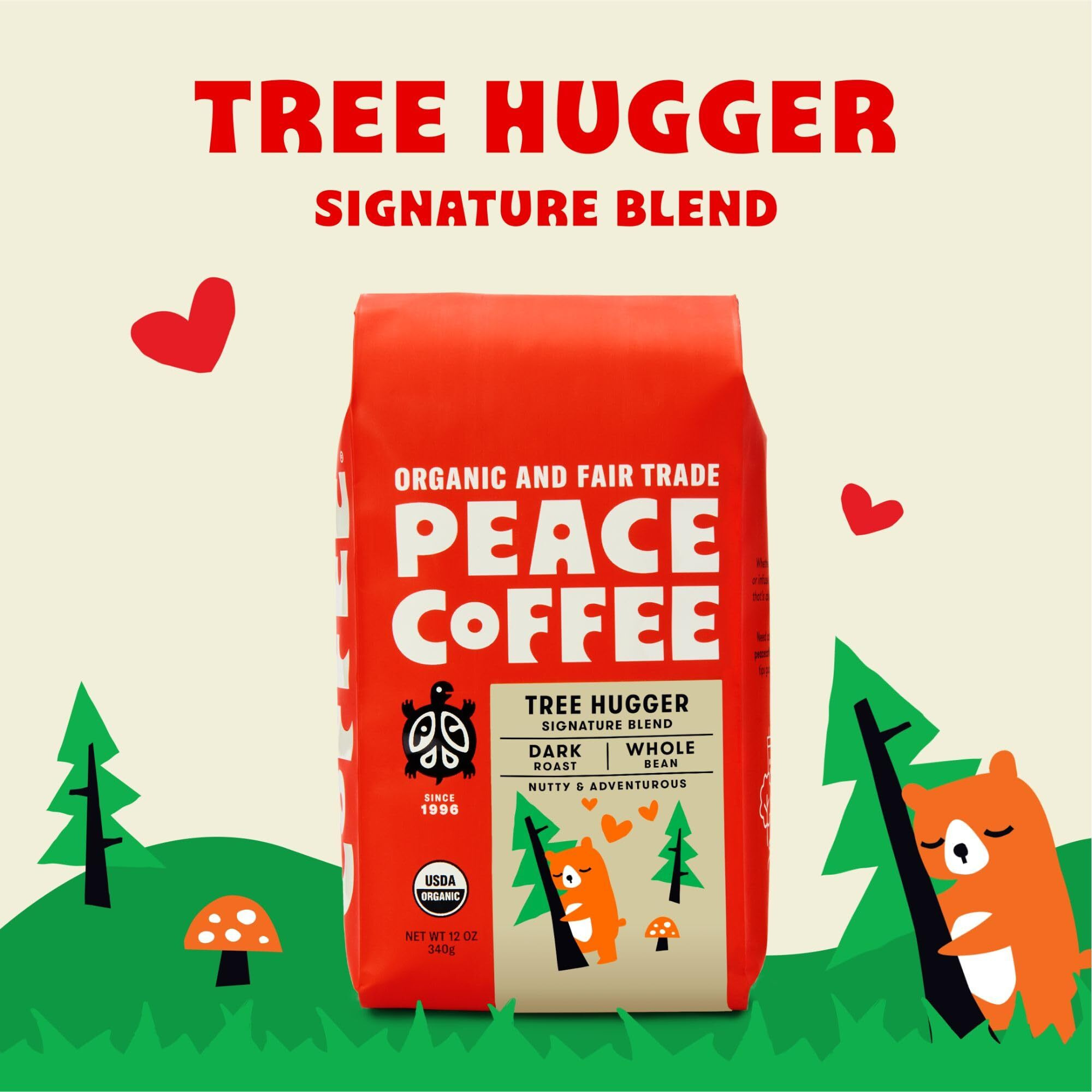 Peace Coffee Tree Hugger Signature Blend | 20 Oz Whole Bean Dark Roast | Organic Fair Trade | Soft, Smooth Flavor | Shade Grown, Fresh Roasted