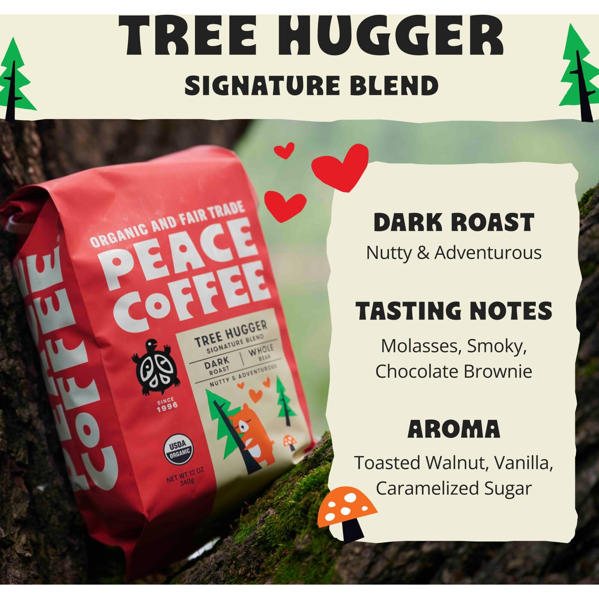Peace Coffee Tree Hugger Signature Blend | 20 Oz Whole Bean Dark Roast | Organic Fair Trade | Soft, Smooth Flavor | Shade Grown, Fresh Roasted