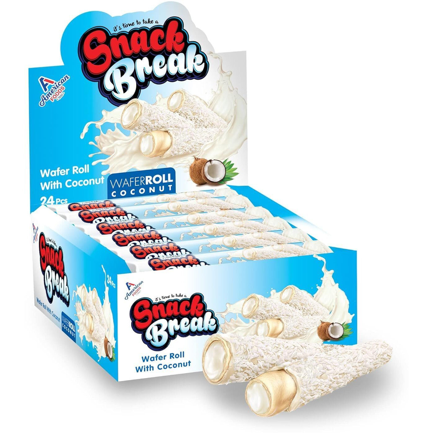 Snack Break Coconut Rolled Wafers - 24 Individually Wrapped Coconut Wafer Rolls (Pack Of 12) With Creamy Coconut Filling - Snacks For Kids & Adults
