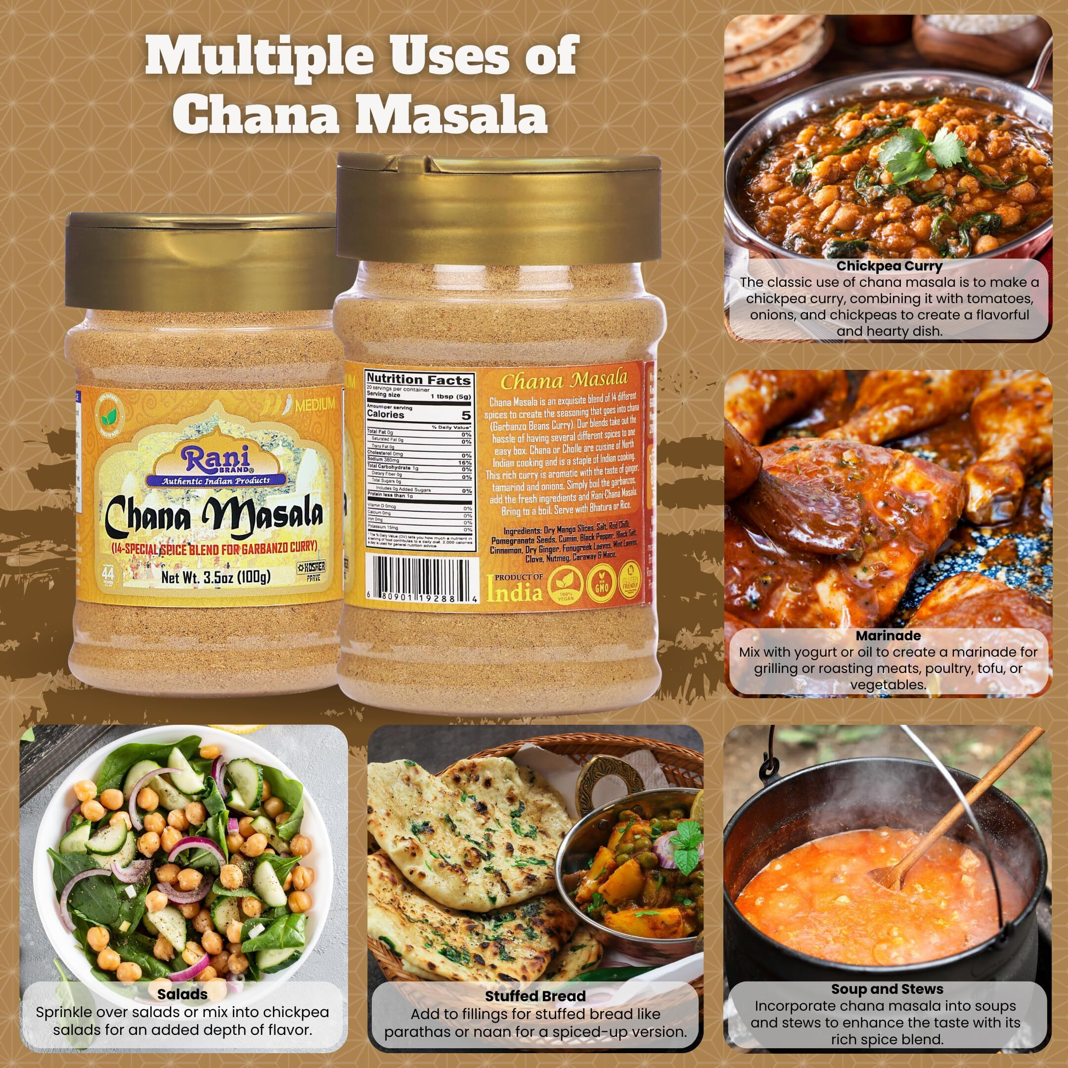 Rani Chana Masala (Garbanzo Curry 15-Spice Blend) 3.5Oz (100G) Pet Jar ~ All Natural | Vegan | No Colors | Gluten Friendly | Non-Gmo | Kosher | Indian Origin