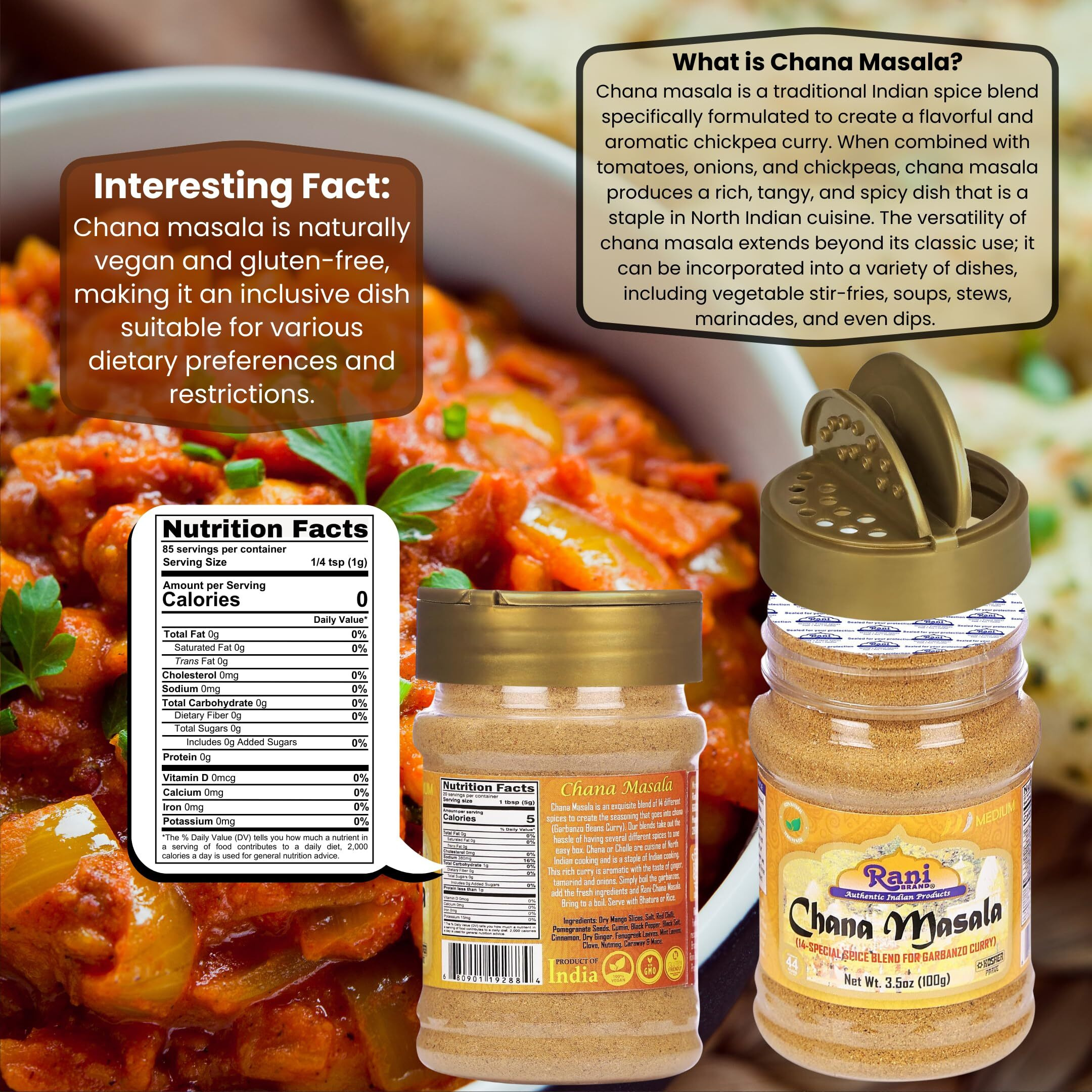 Rani Chana Masala (Garbanzo Curry 15-Spice Blend) 3.5Oz (100G) Pet Jar ~ All Natural | Vegan | No Colors | Gluten Friendly | Non-Gmo | Kosher | Indian Origin
