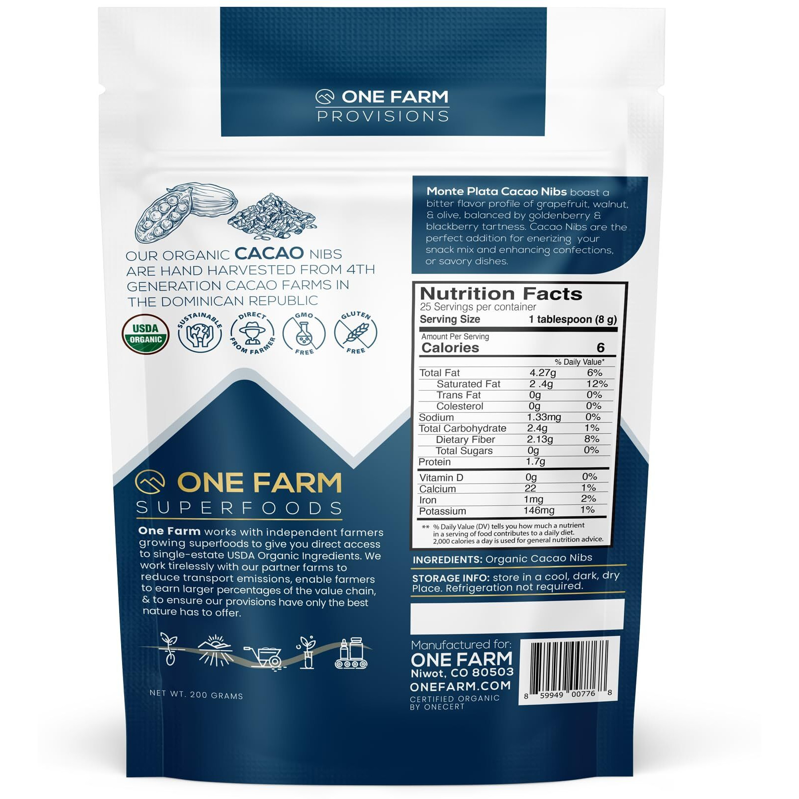 One Farm By Waayb Organic Cacao Nibs, Single Estate, Non-Gmo, Fair-Trade, Vegan, Gluten Free, 100% Raw Rizek Cacao Nibs In Resealable Bag - 7 Oz (25 Servings)