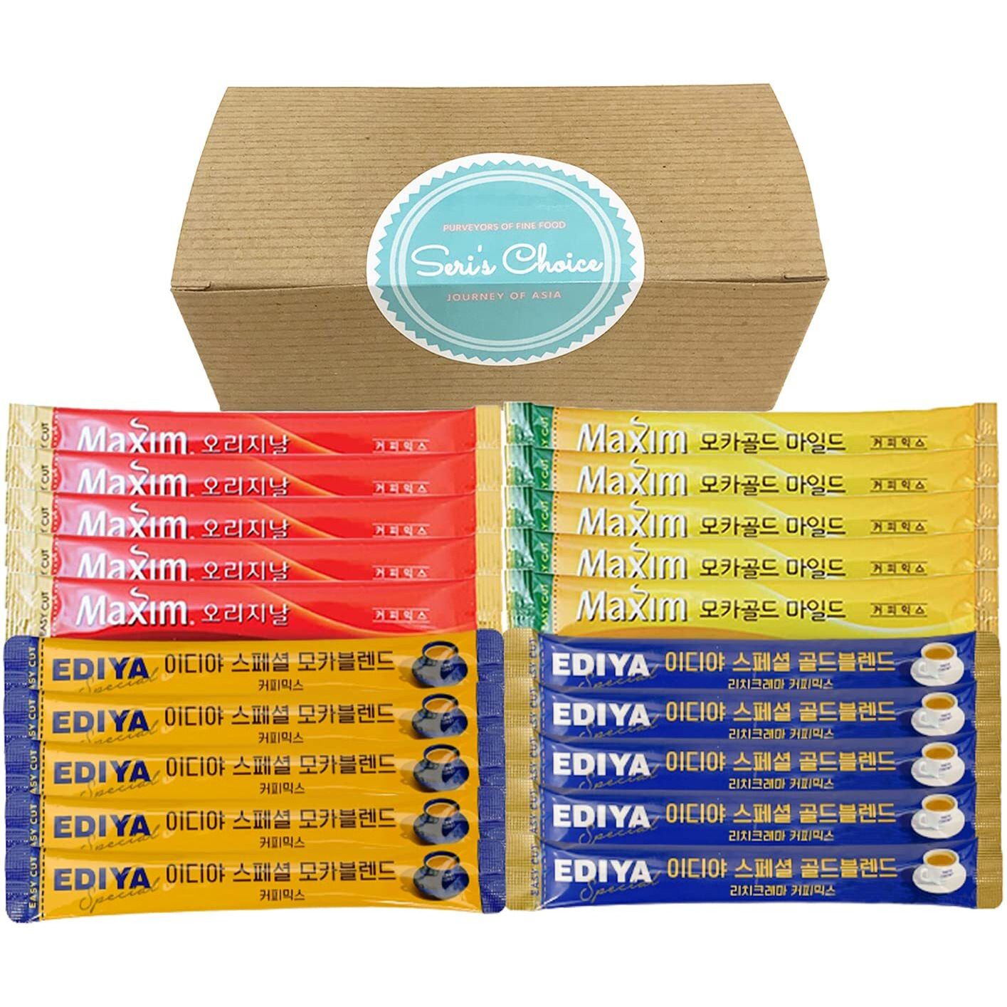 Journey Of Asia "&quotSeri's Choice Korean Coffee Mix"" Variety Packets Sampler, Instant Coffee Mix 20 Sticks/Maxim Instant Coffee Original/Maxim Mocha Coffee/Ediya Special Blend