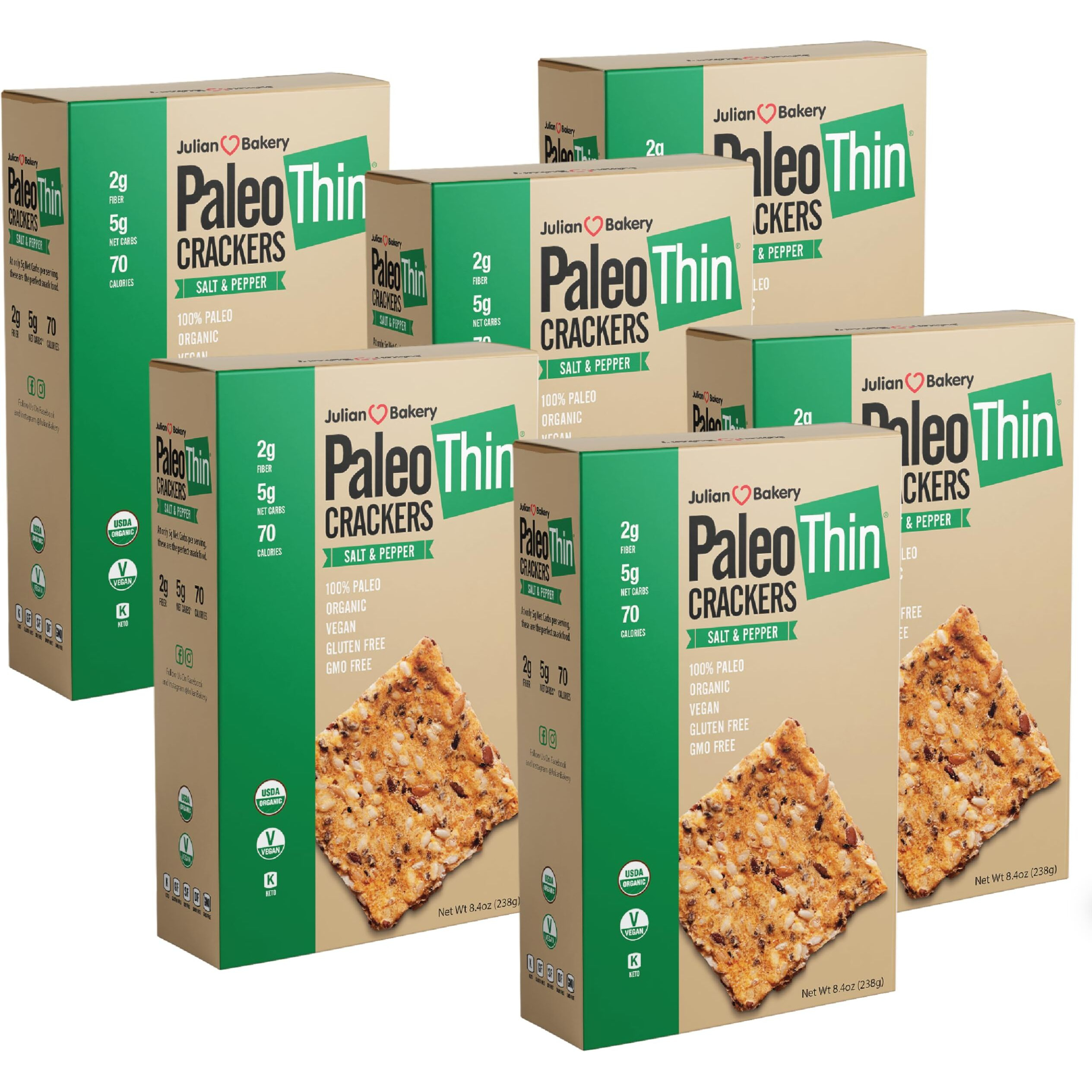 Julian Bakery Paleo Thin Crackers | Salt & Pepper | Usda Organic | Gluten-Free | Grain-Free | Gmo Free | Low Carb | 6 Pack