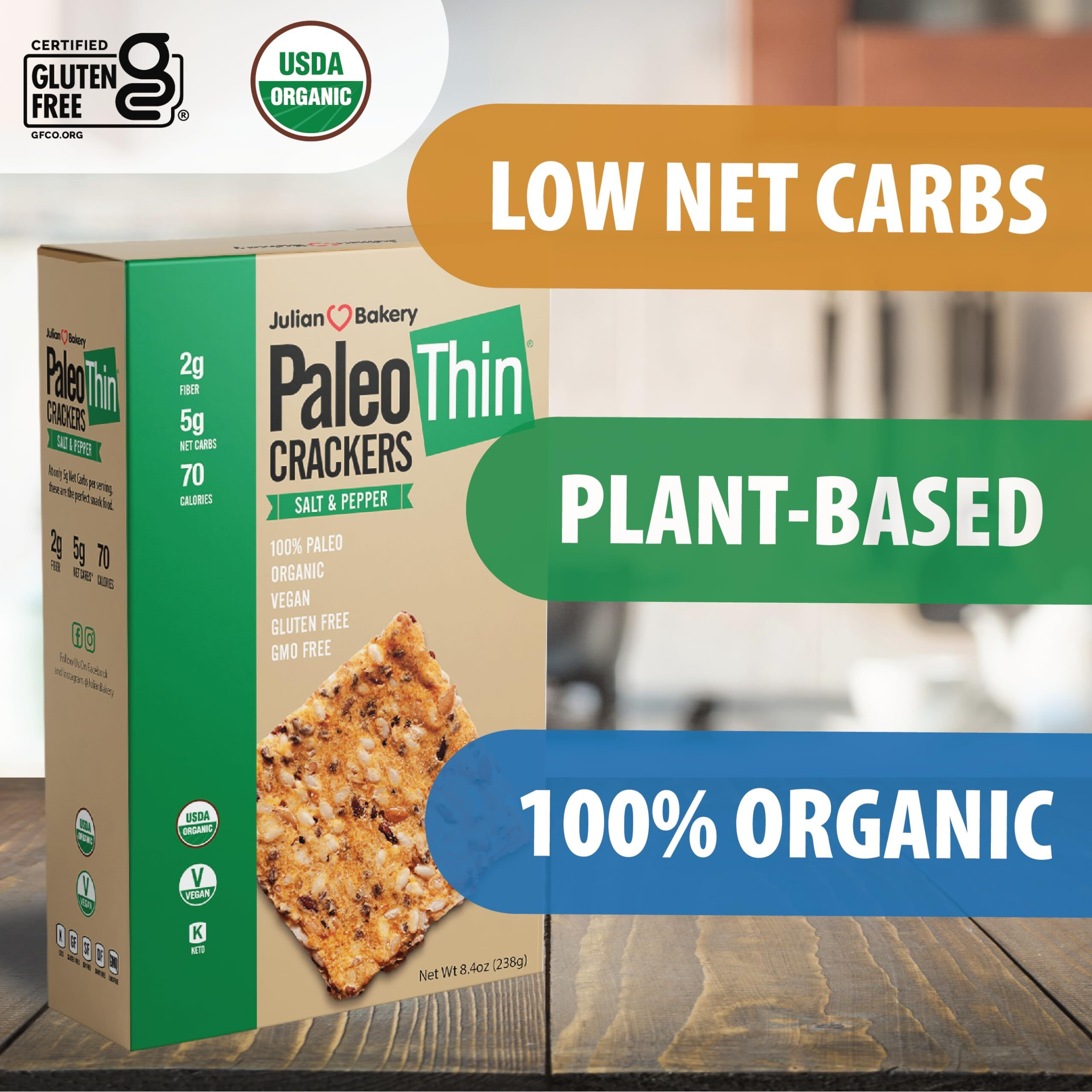 Julian Bakery Paleo Thin Crackers | Salt & Pepper | Usda Organic | Gluten-Free | Grain-Free | Gmo Free | Low Carb | 6 Pack
