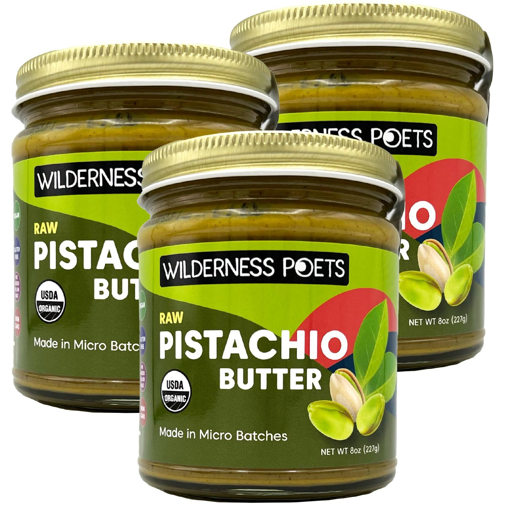 Wilderness Poets, Organic Pistachio Butter - 3 Pack (8 Ounce) - Raw, 100% Organic Pistachio - Perfect For Dubai Chocolate Bar Desserts With Kataifi Or Savory Creations - Unsweetened, California-Grown