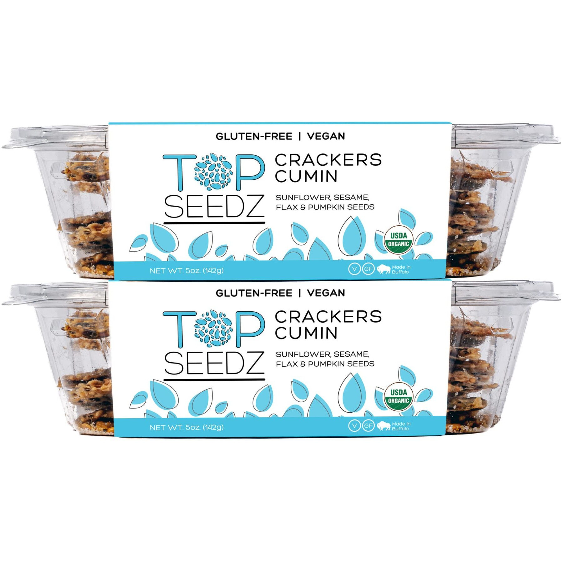 Top Seedz Certified Organic Gluten Free Cumin Seed Crackers | 2-Pack | 5 Ounces | Healthy Vegan Crackers With Plant Based Protein | Made Of Sunflower, Flax, Sesame And Pumpkin Seed