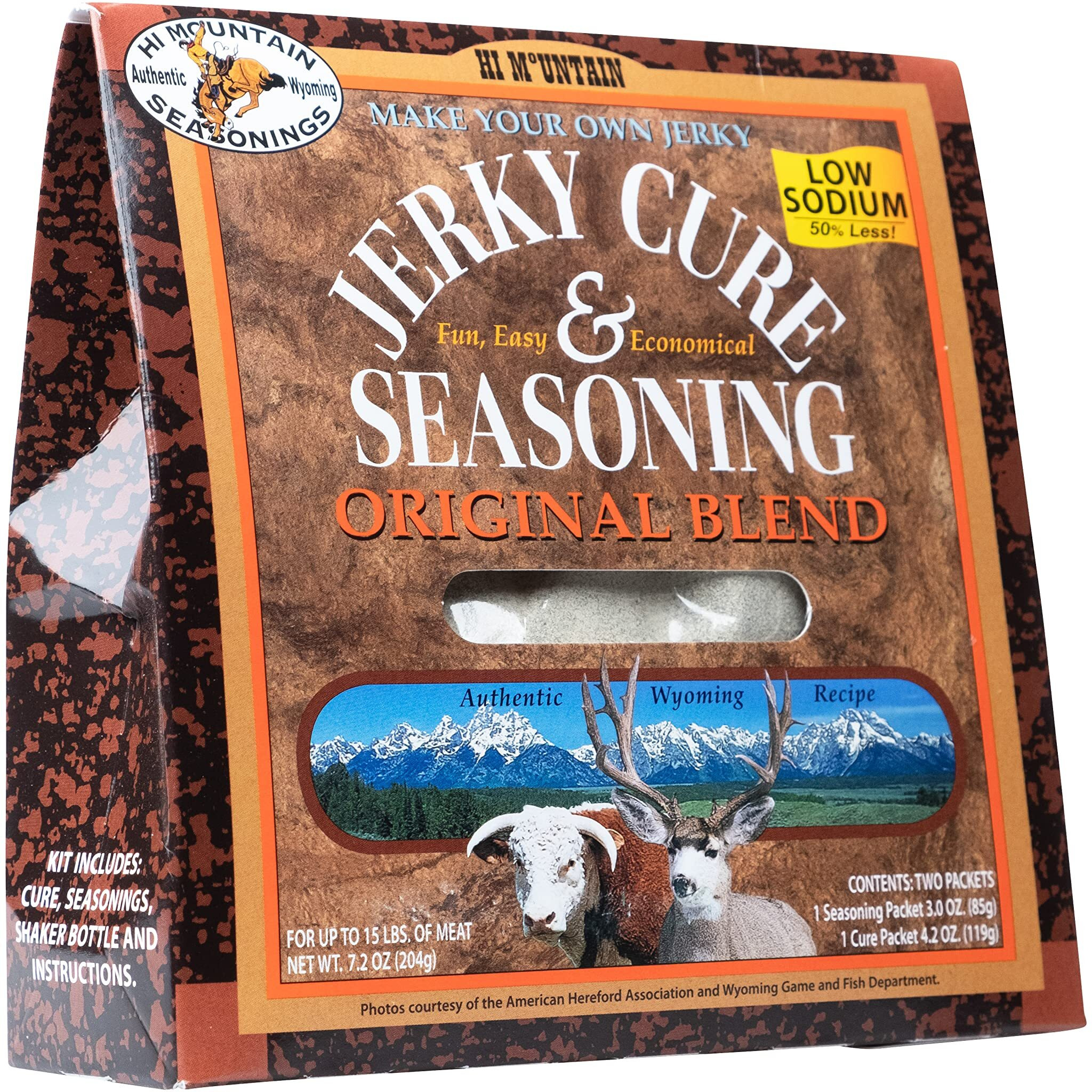 Hi Mountain Jerky Seasoning And Cure Kit | Low Sodium Original Blend | Create Savory Homemade Beef Jerky | Great For Beef, Deer, Elk, & Venison | Mix Will Season Up To 15Lbs. Of Meat (1 Box)