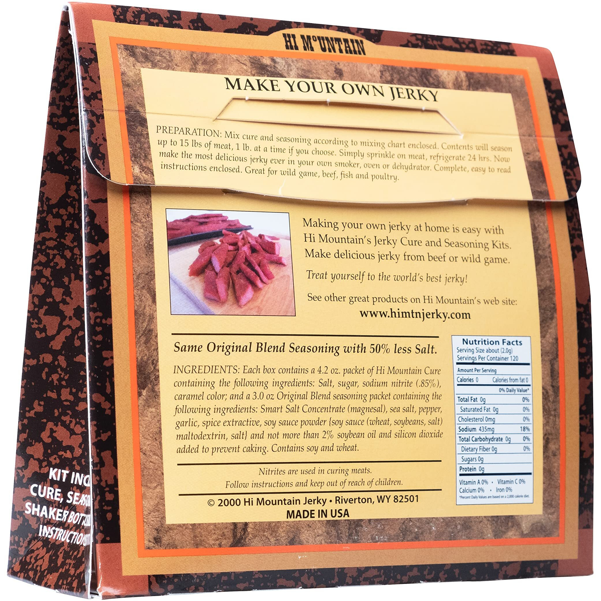 Hi Mountain Jerky Seasoning And Cure Kit | Low Sodium Original Blend | Create Savory Homemade Beef Jerky | Great For Beef, Deer, Elk, & Venison | Mix Will Season Up To 15Lbs. Of Meat (1 Box)