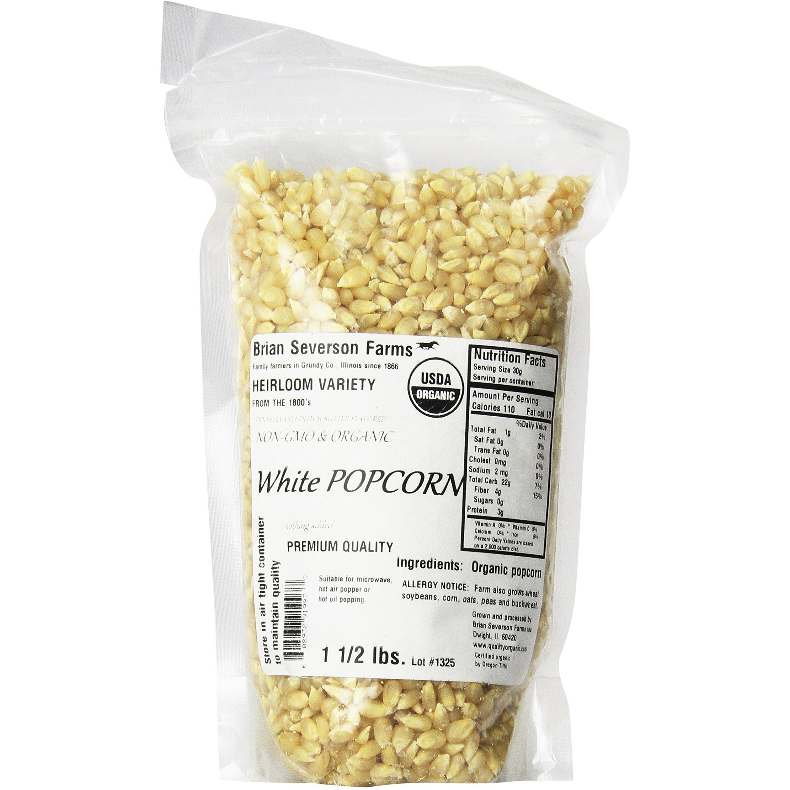 Organic White Popcorn, Heirloom Variety, Penn. Dutch Butter Flavored, Non-Gmo, Farmer Direct, 1 1/2 Lbs.