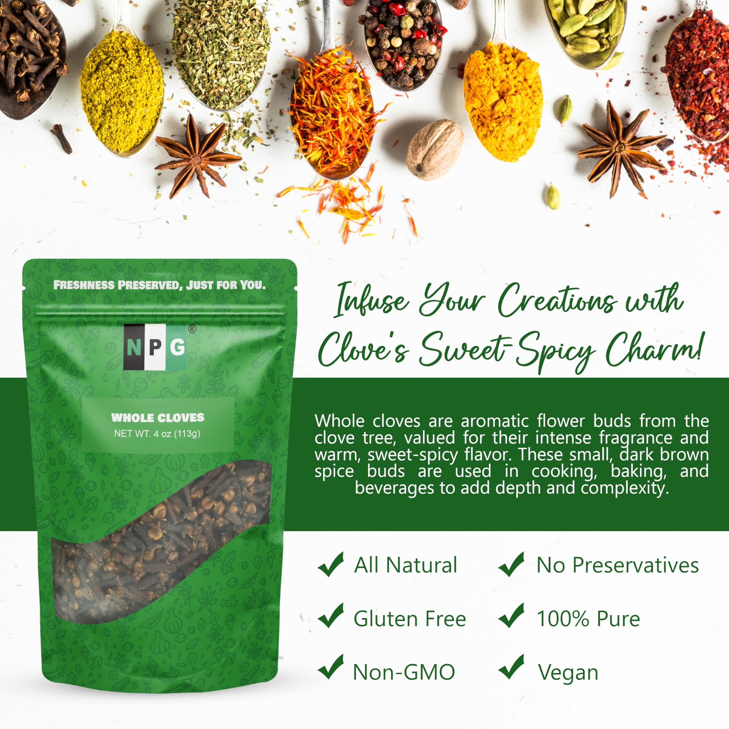 Npg Premium Whole Cloves Buds 4 Ounces, Strong Aroma And Flavor Cloves For Tea, Potpourri, Baking, Pomander Balls, Meats, And Pumpkin Spices, Gluten Free Non Gmo Non Irradiated